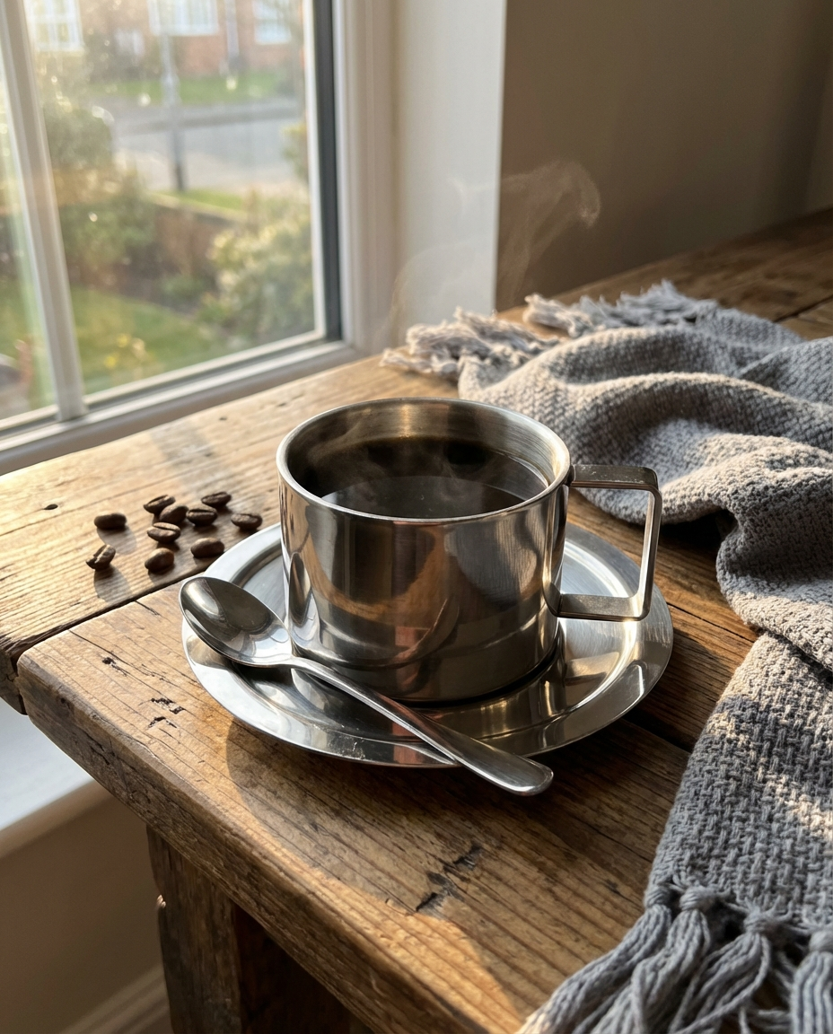 Kaffesæt i rustfrit stål med kop, underkop og ske på træbord med kaffe
