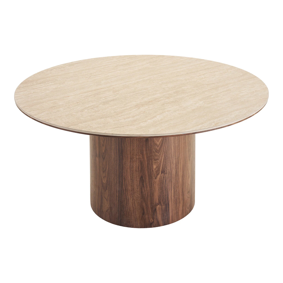 Delphi rundt spisebord set skråt ovenfra med bordplade i beige travertin-look og mørkebrun søjlefod.