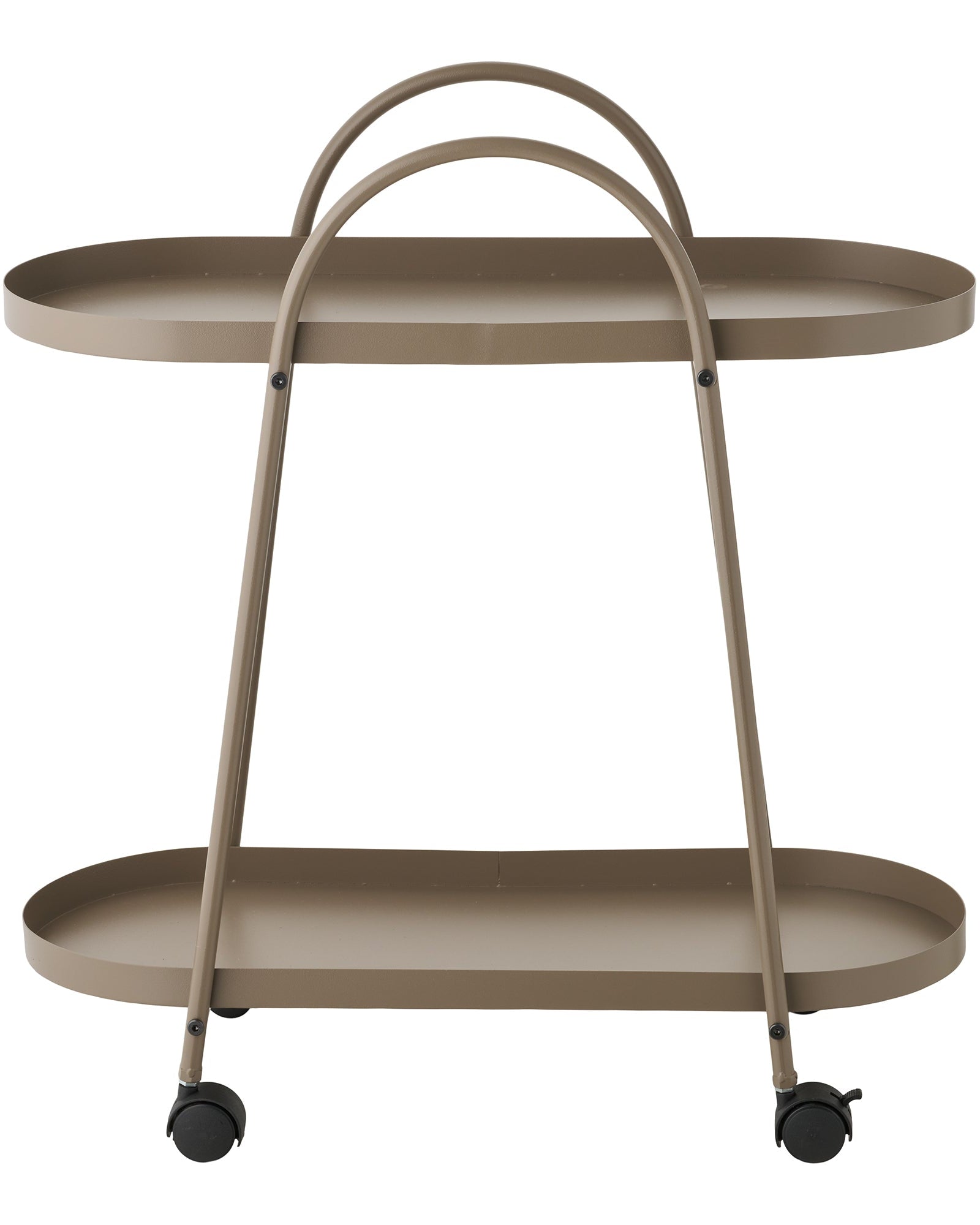 Serveringsvogn i beige metal med hjul og to ovale hylder
