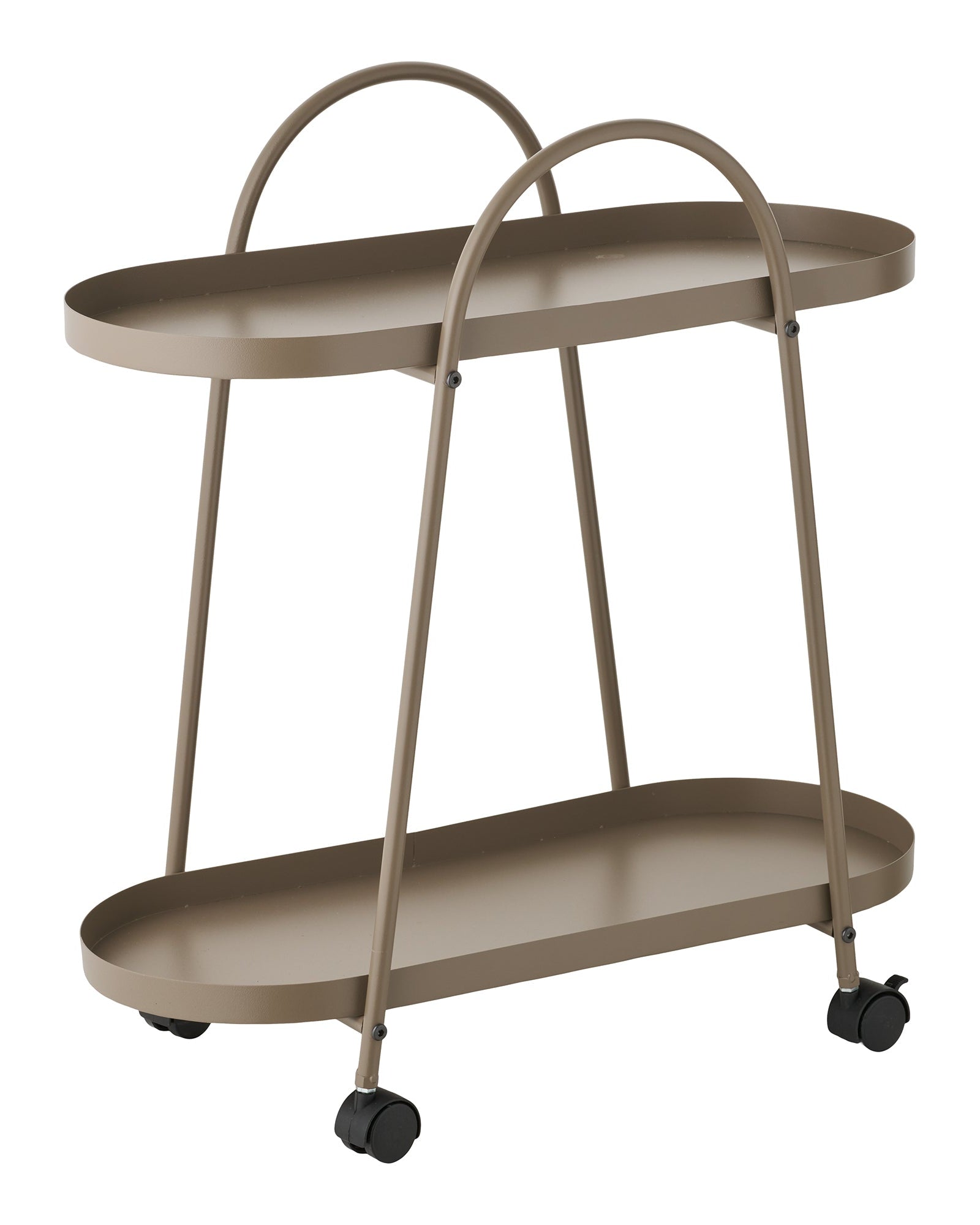 Serveringsvogn i beige metal med hjul og praktiske opbevaringshylder

