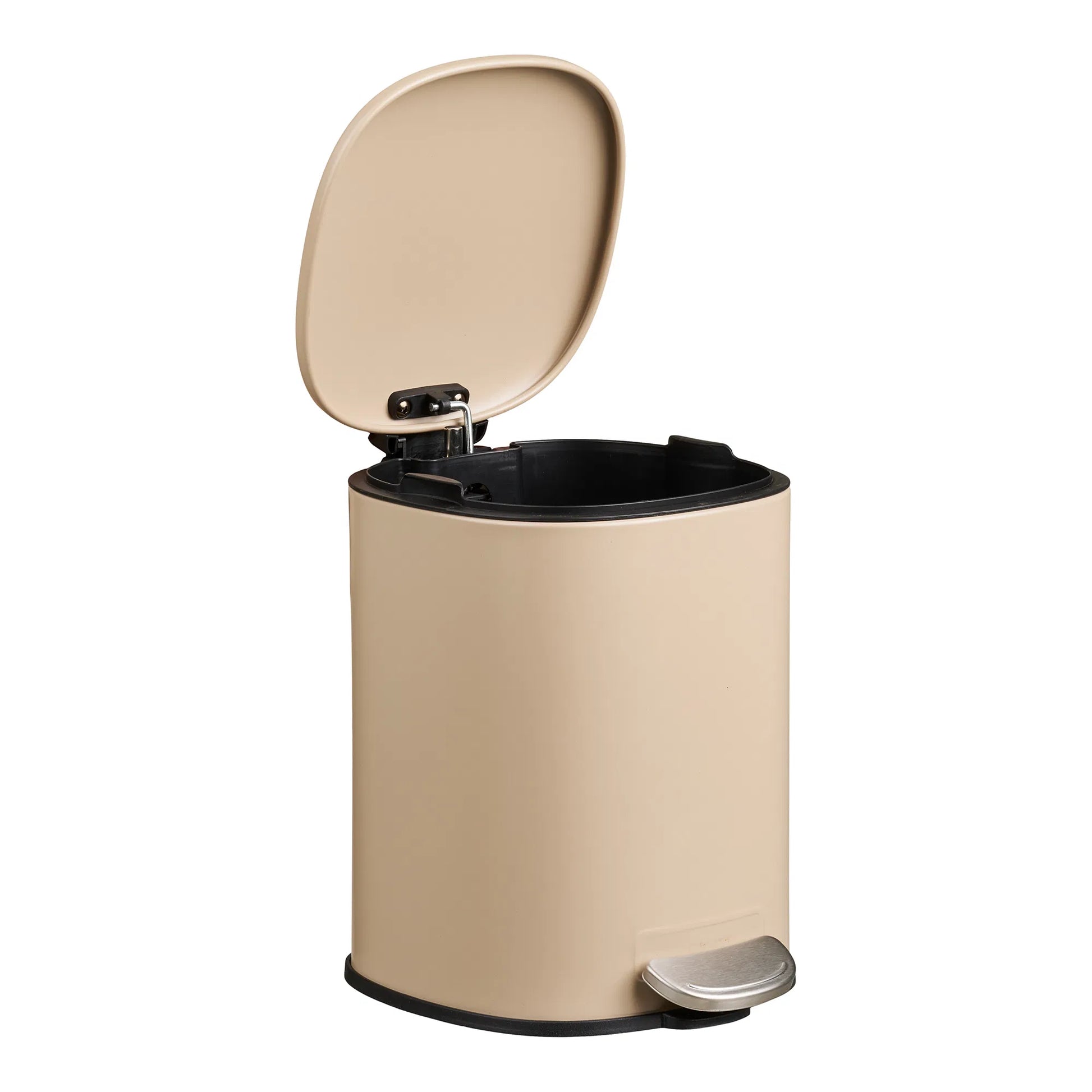Beige Pedalspand med åben låg for at vise pedalfunktion på hvid baggrund
