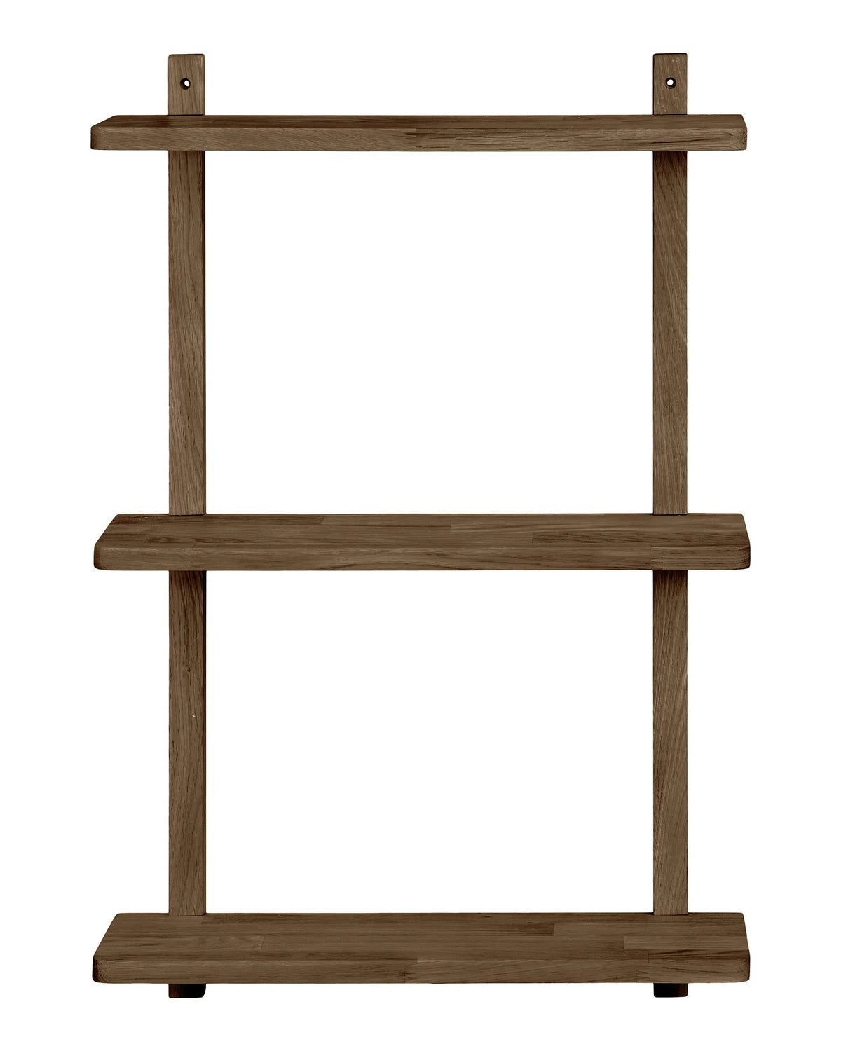 Væghængt reol i mørkbejdset egetræ med tre hylder og enkelt nordisk design.
