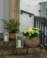 Kubu rattan kurve med planter ved hoveddør – hyggelig styling med lanterner