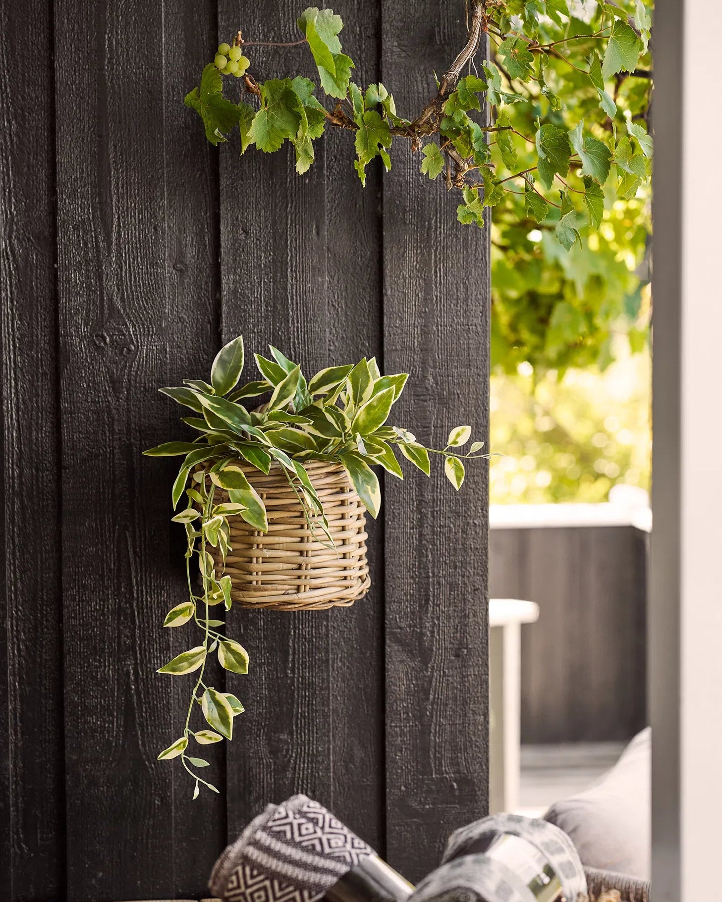 Håndflettet kurv i kubu rattan med planter i udenfor