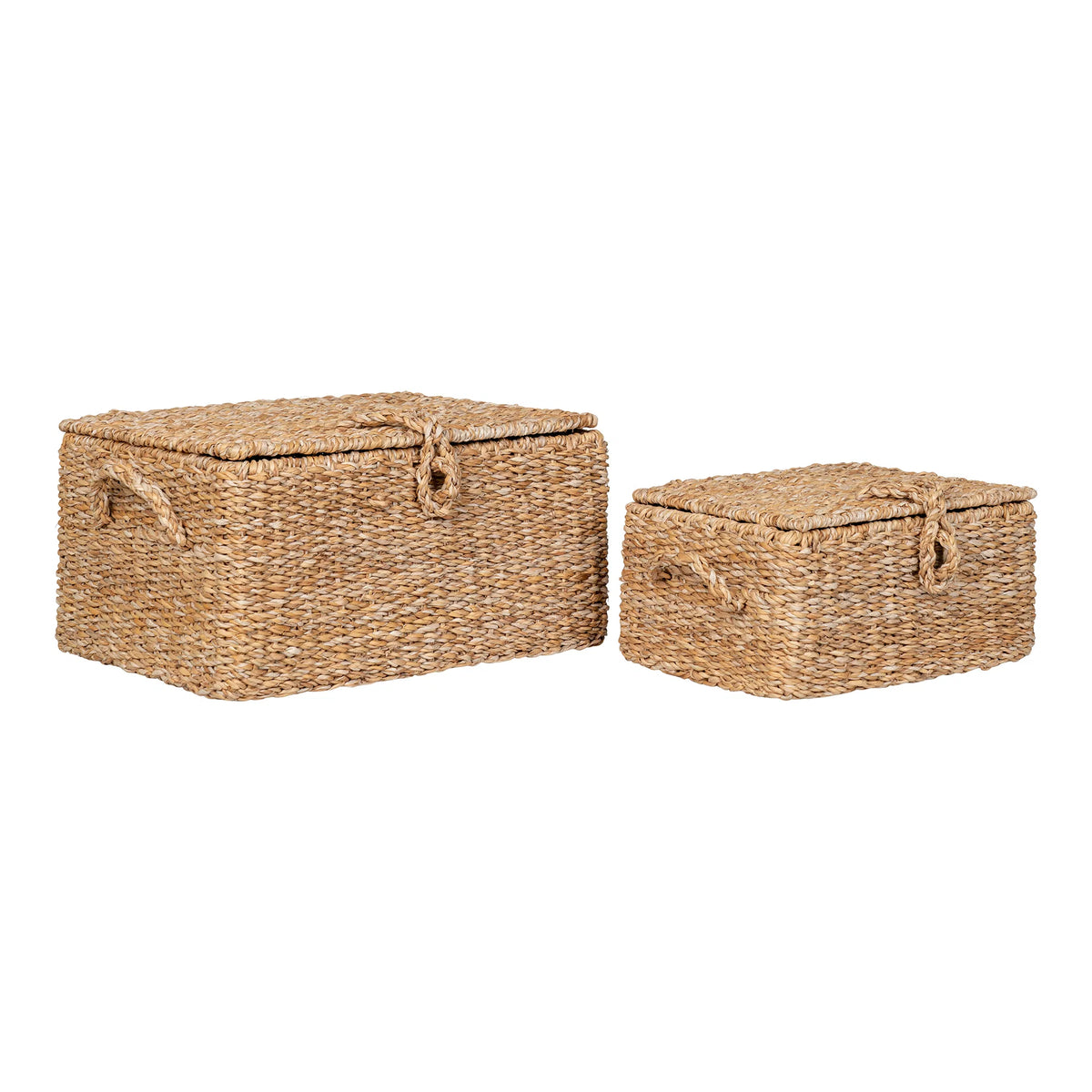 Store og små opbevaringskurve i naturfarvet flet med låg og håndtag, ideelle til dekorativ og praktisk opbevaring i hjemmet.