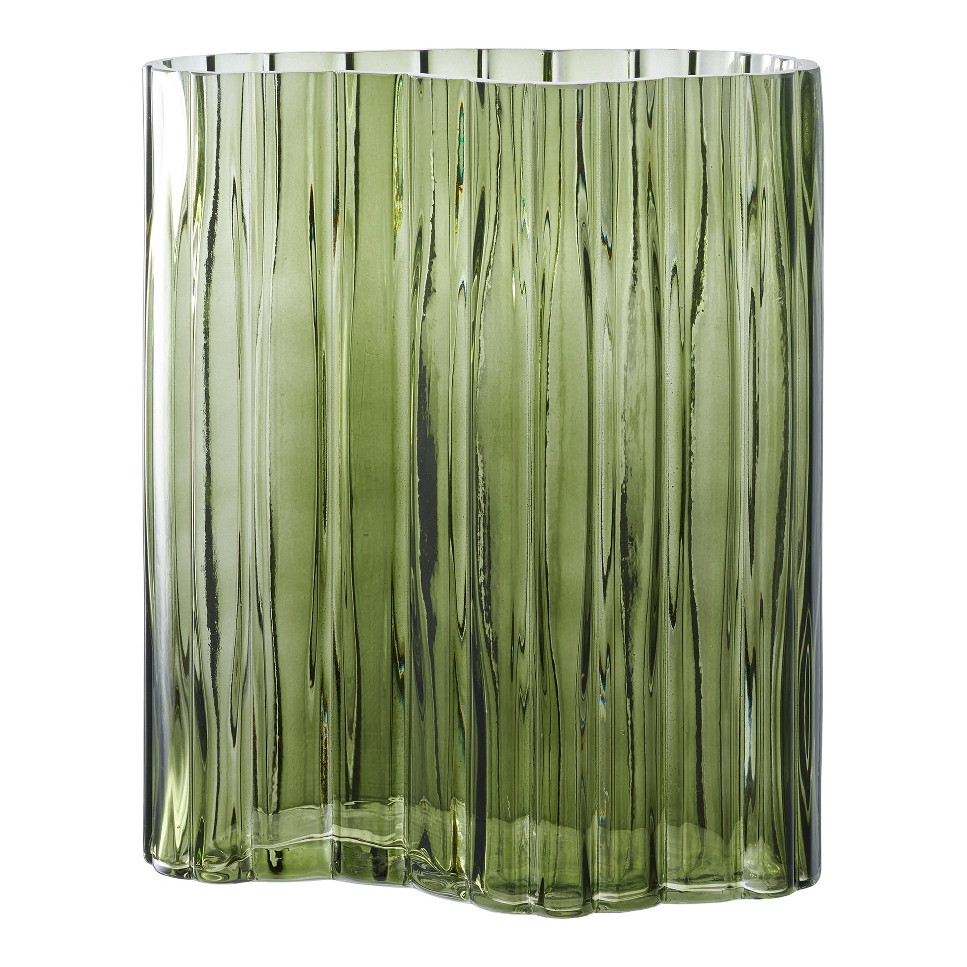Grøn transparent glasvase med organisk riflet design og bølgende topkant