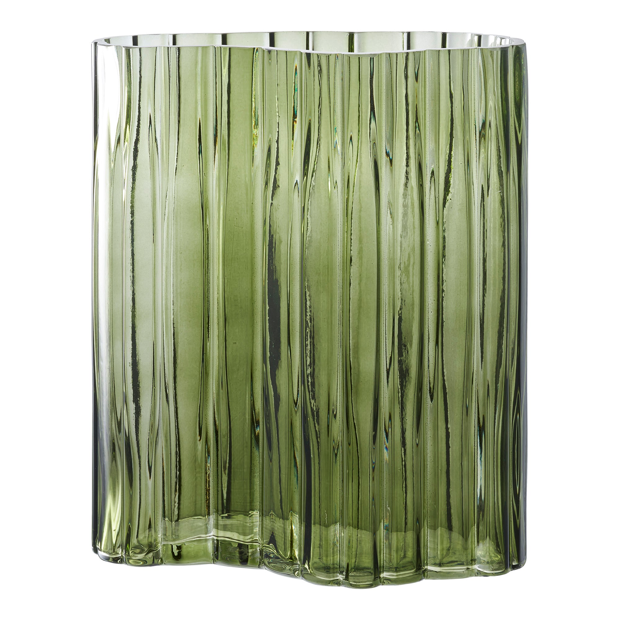Grøn transparent glasvase med organisk riflet design og bølgende topkant