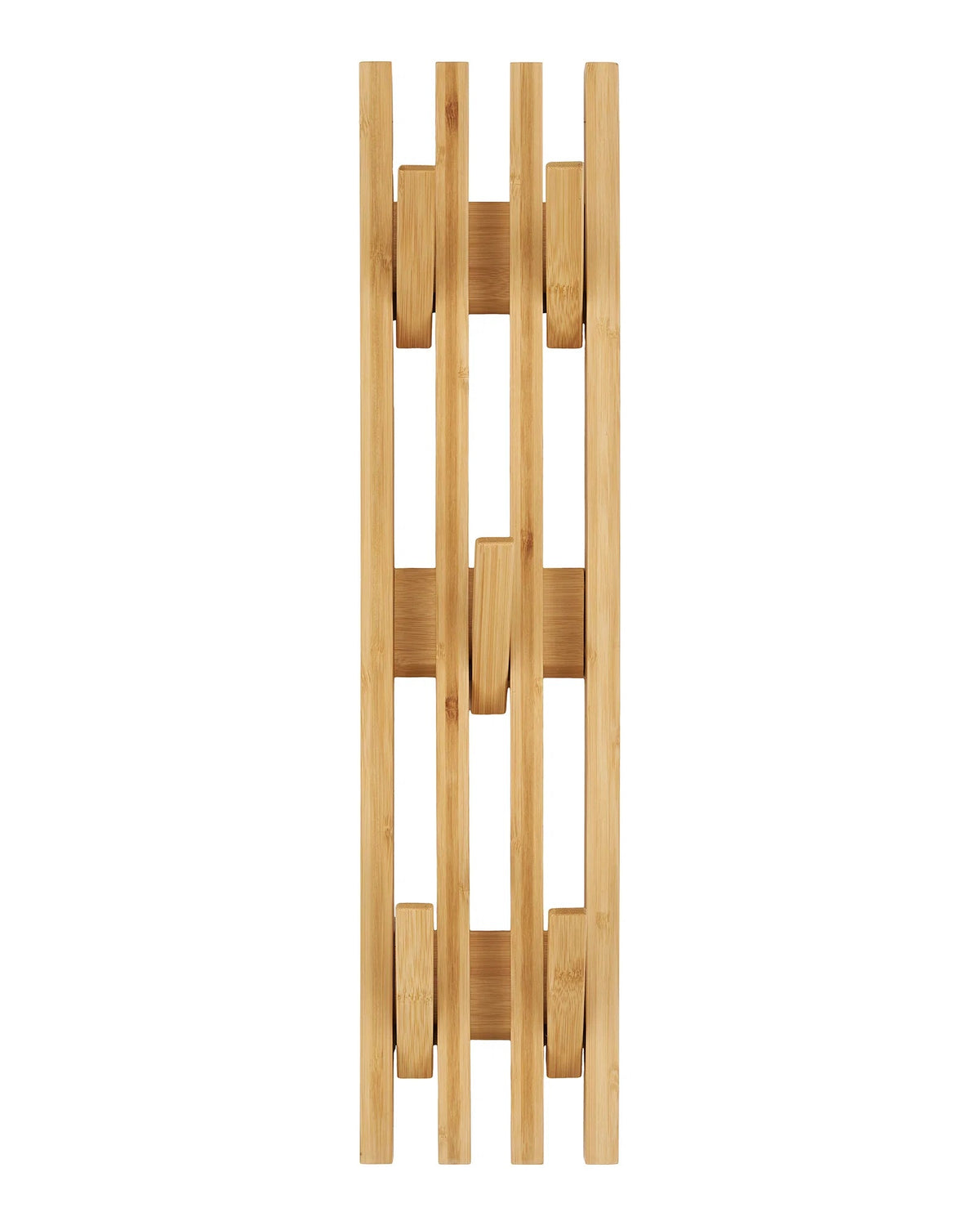 Knagerække i naturfarvet bambus set bagfra med lodrette bambuslameller og minimalistisk design på hvid baggrund.