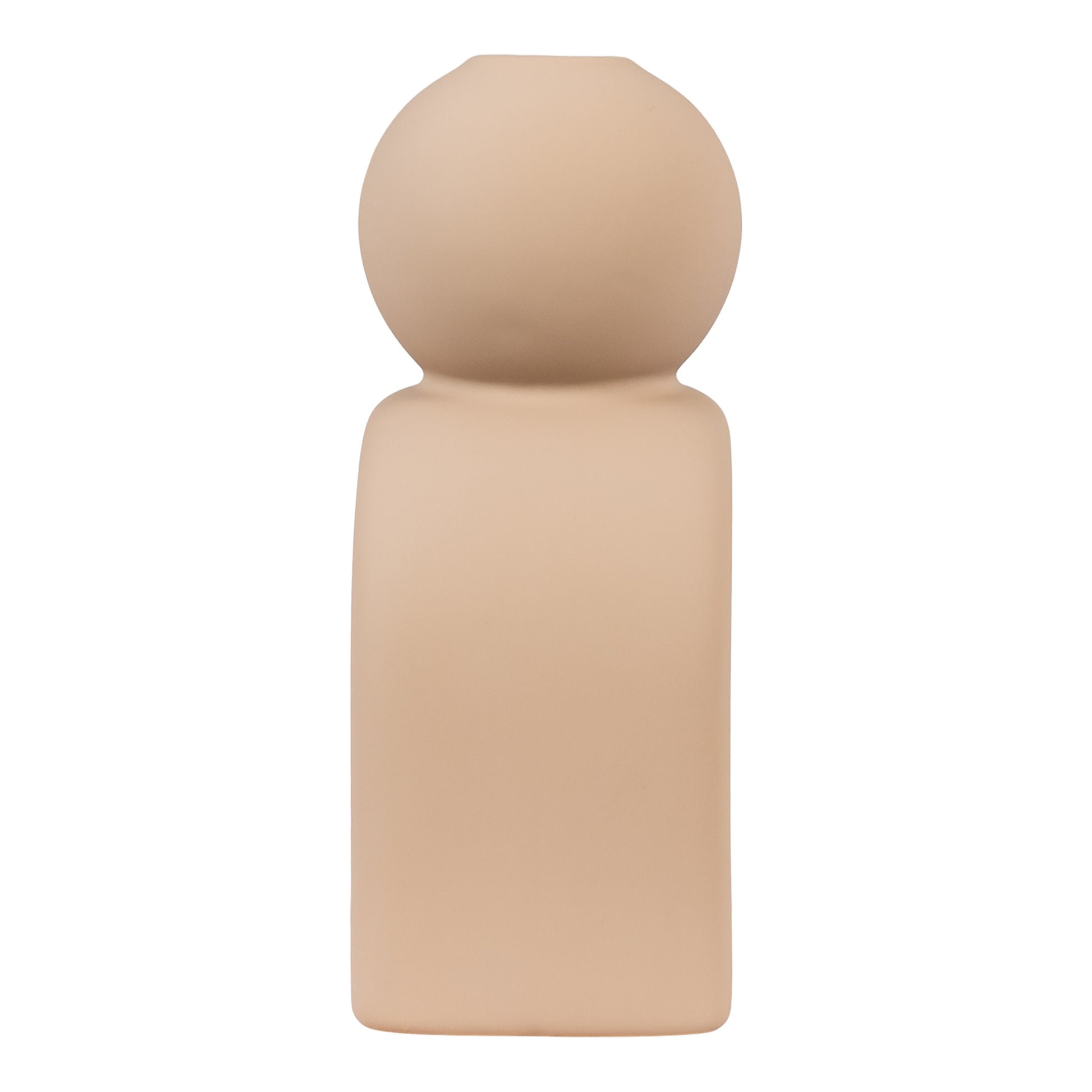 Minimalistisk beige lysestage med rund top på hvid baggrund
