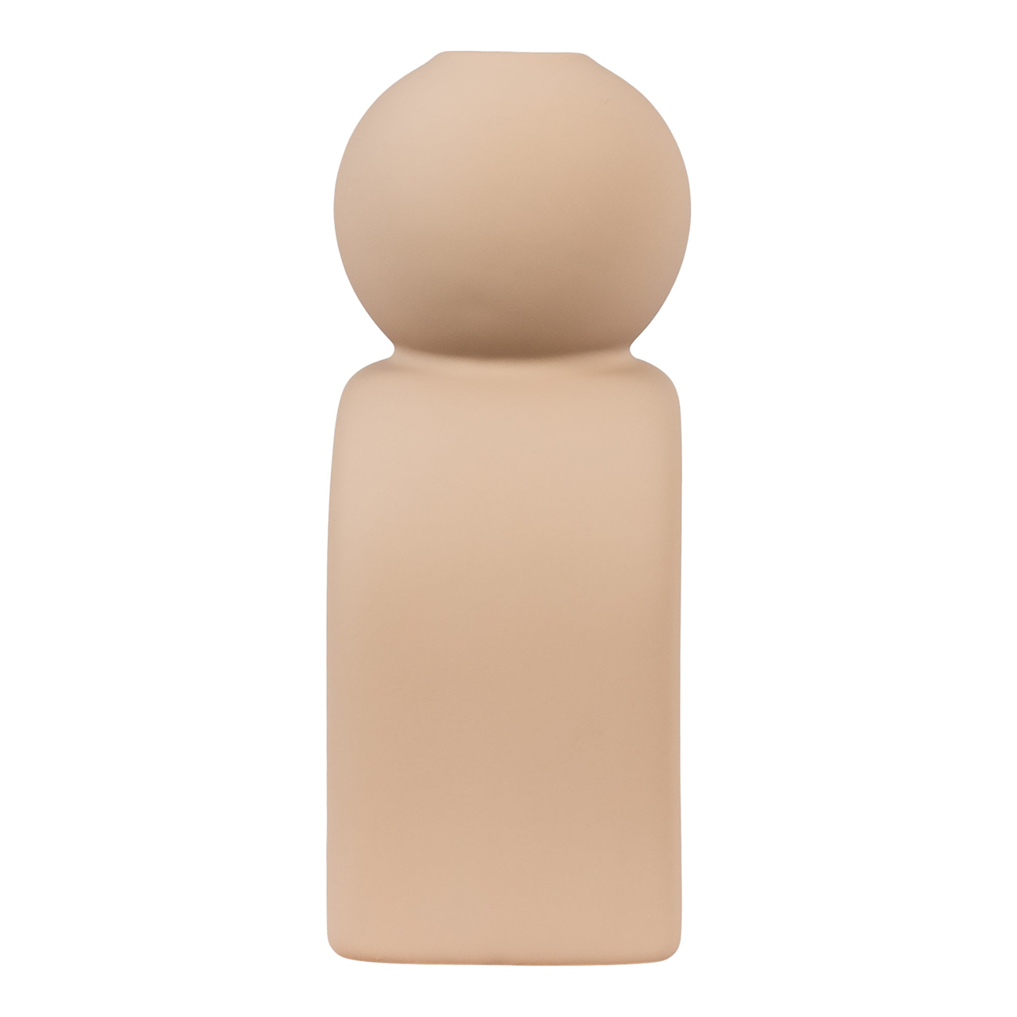 Minimalistisk beige lysestage med rund top på hvid baggrund
