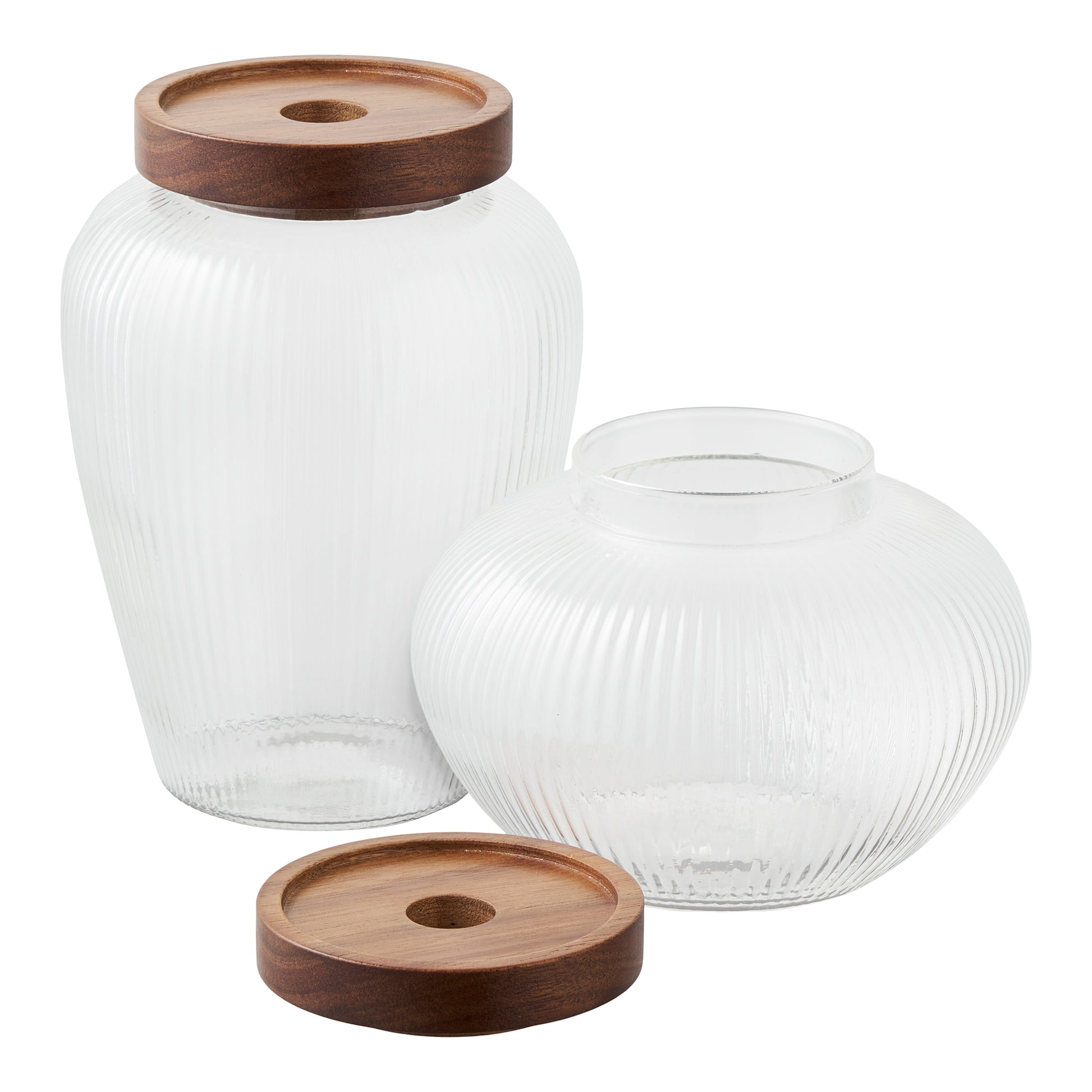 Sæt med to riflet opbevaringsglas i klart glas med låg i træ