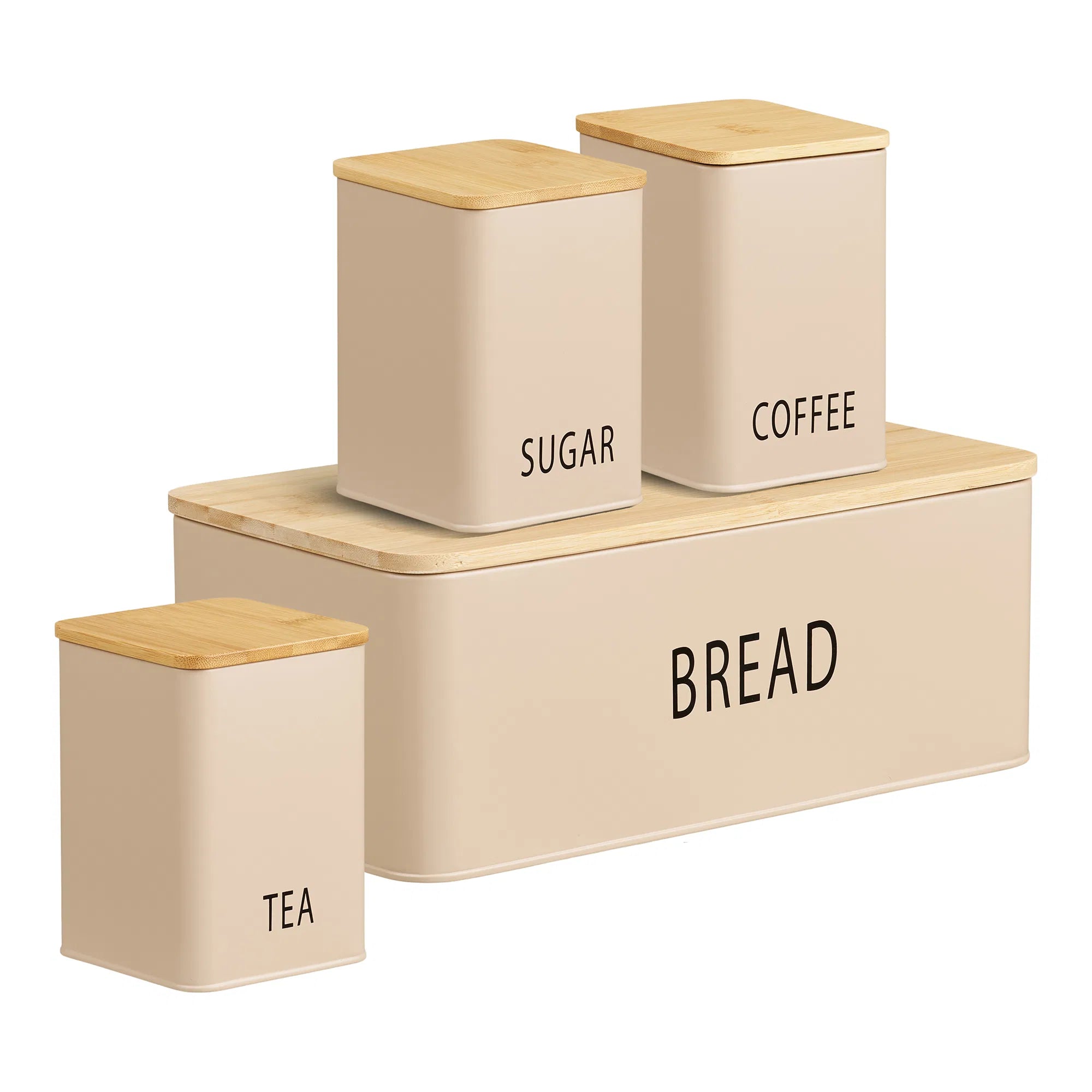 Køkkensæt i bambus og metal på en hvid baggrund for at fremhæve sættets detaljer