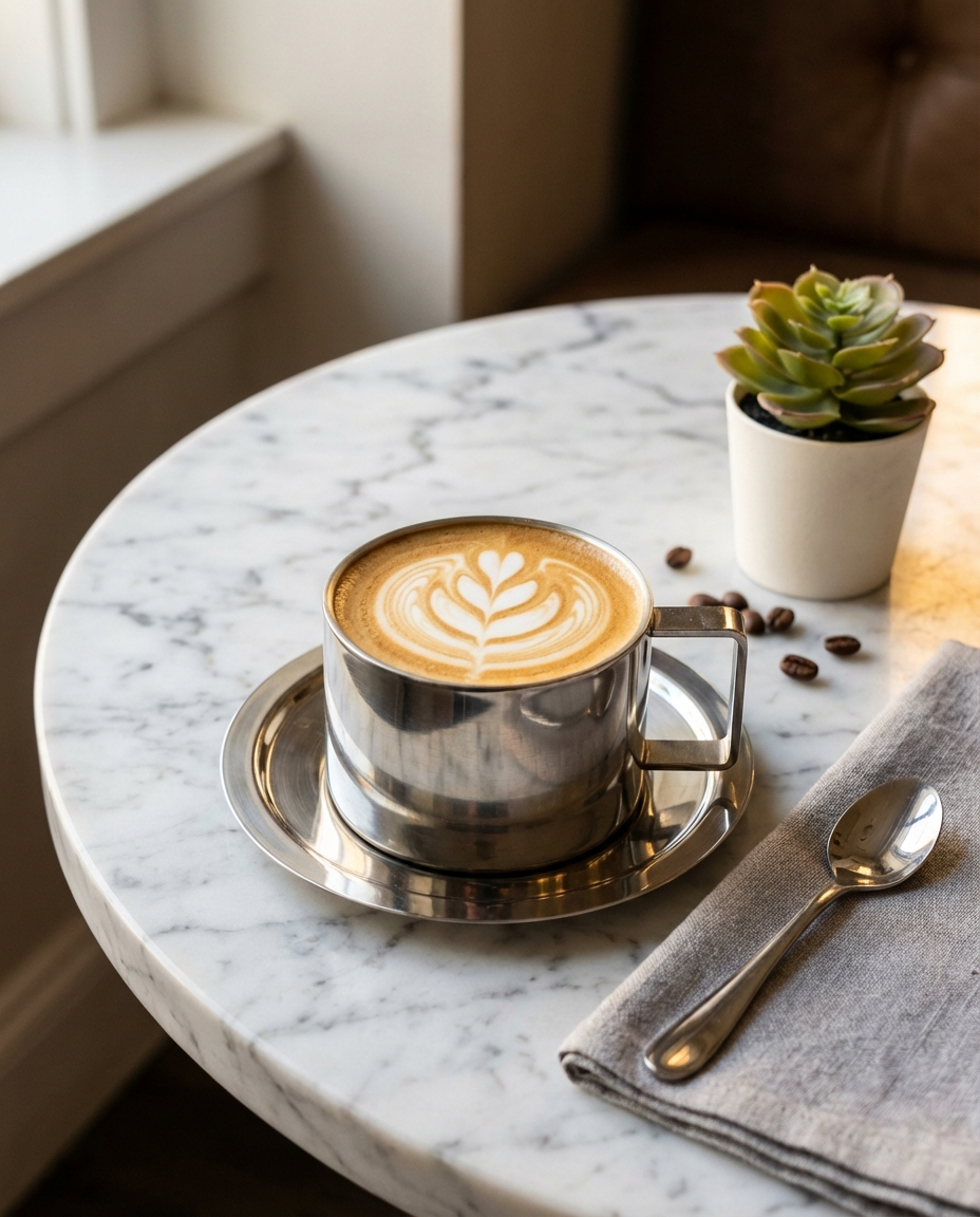 Kaffekop i rustfrit stål med latteart på marmorbord – stilrent skandinavisk design