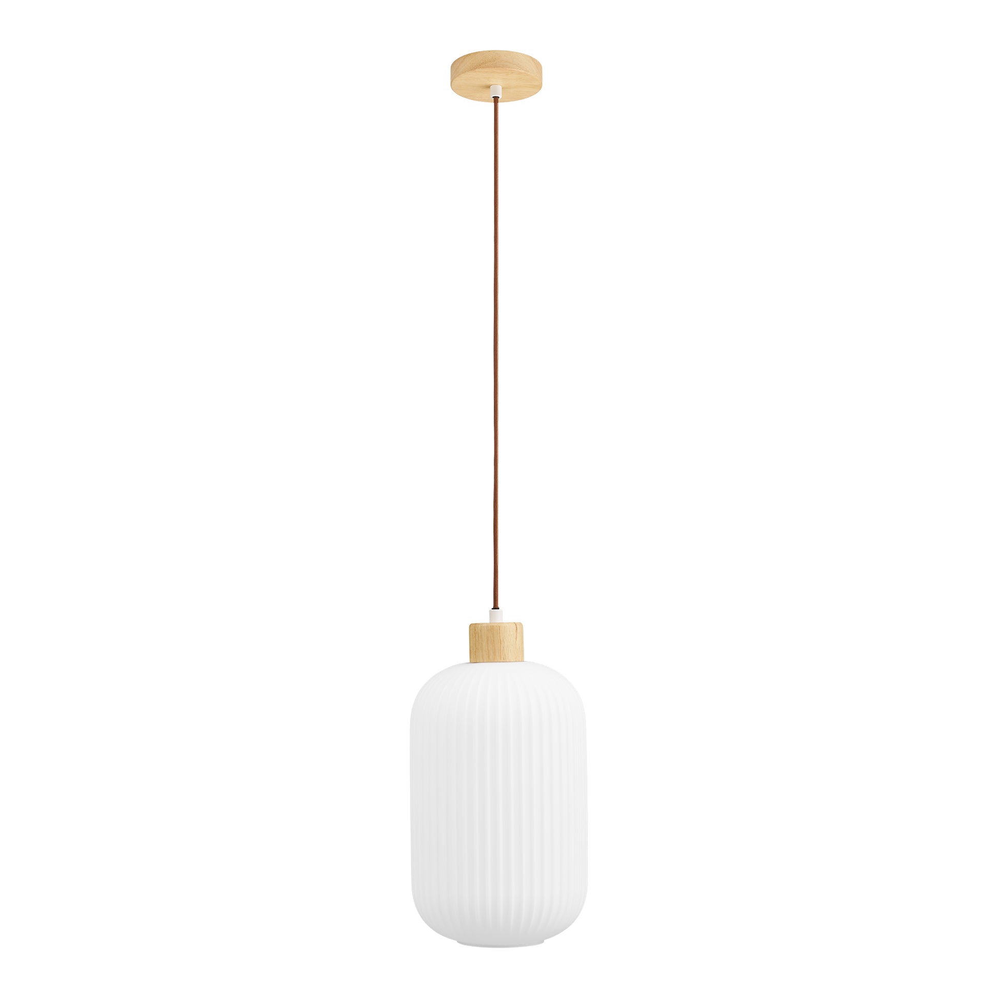 Pendellampe i hvidt glas med lodrette riller og trædetalje – minimalistisk og elegant belysning