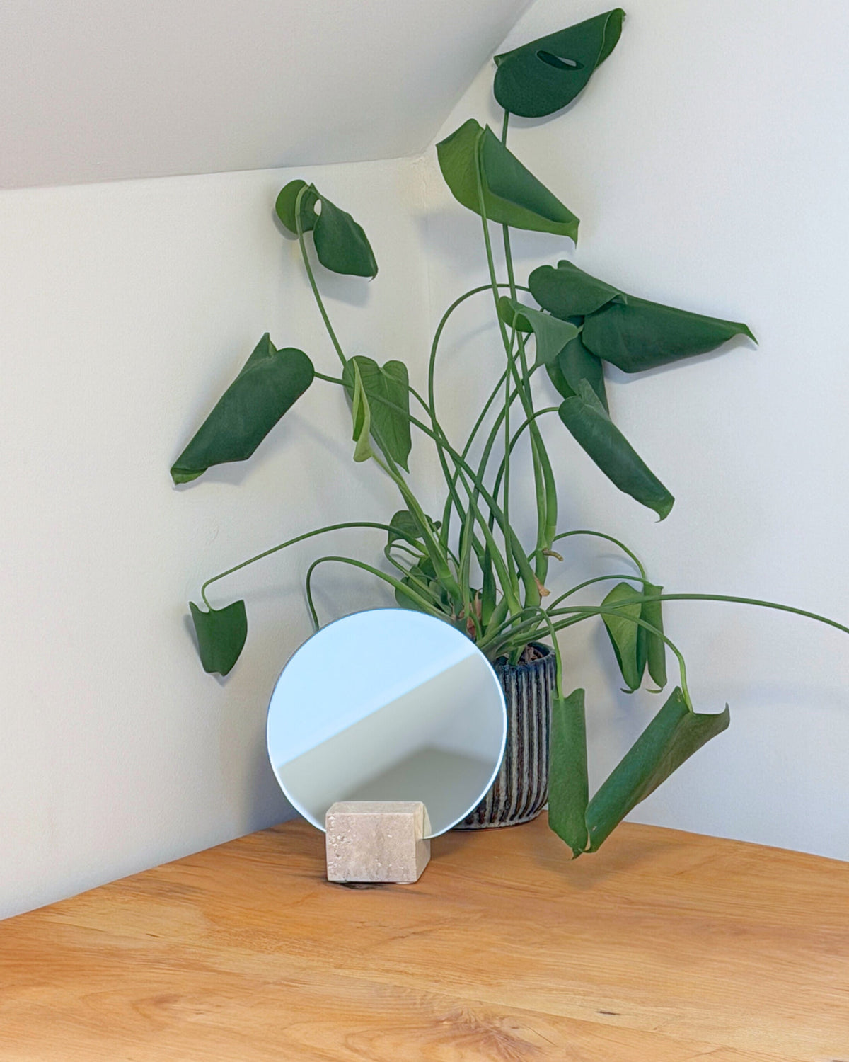 Rundt bordsspejl på skrivebord i moderne skandinavisk indretning med grønne planter