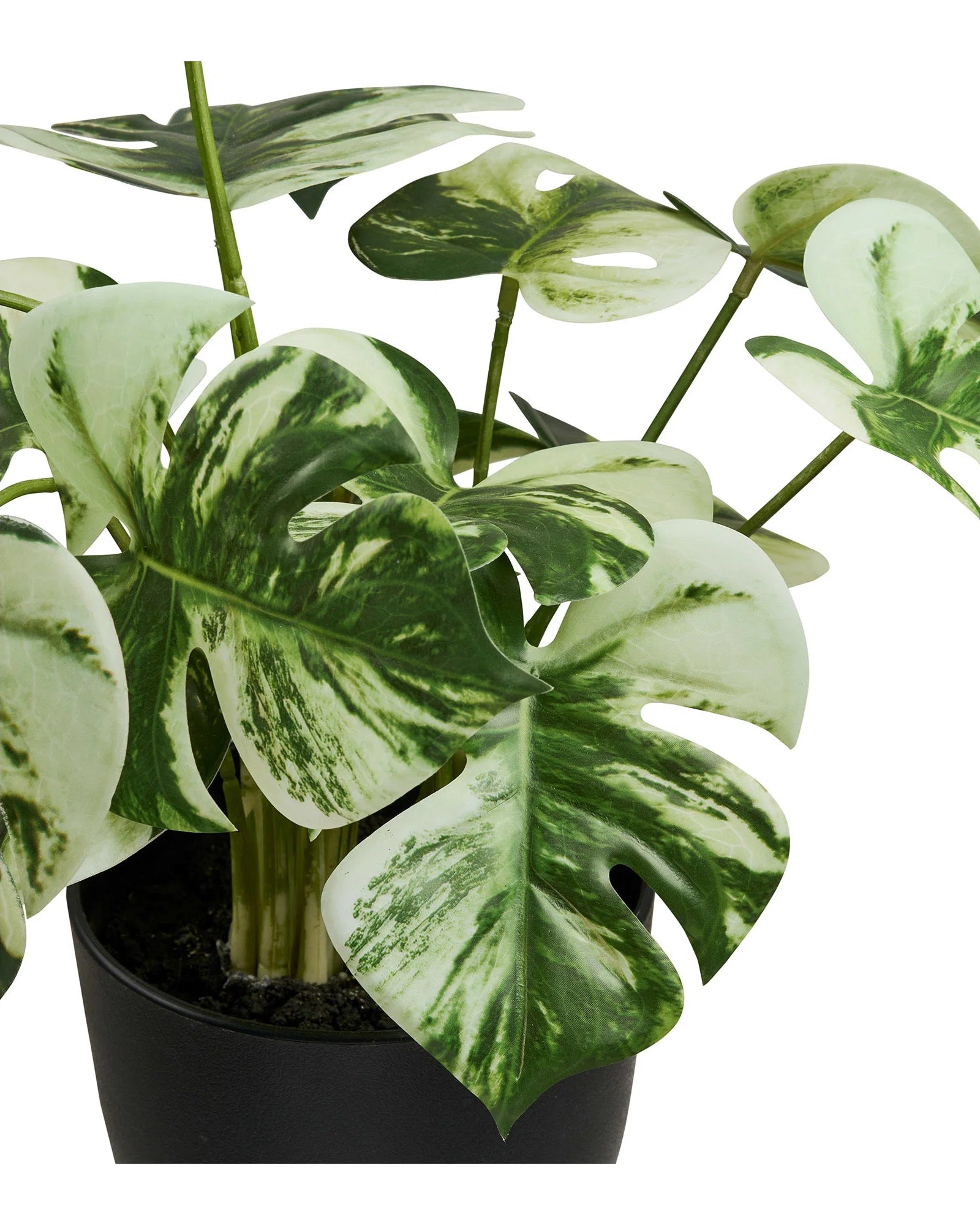 Detaljebillede af kunstig Monstera plante med naturtro brogede grønne blade