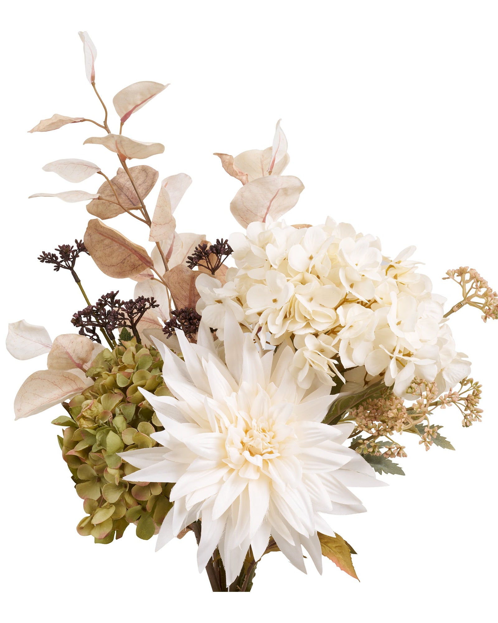 Naturtro kunstig blomsterbuket med hvide blomster og grøn hortensia

