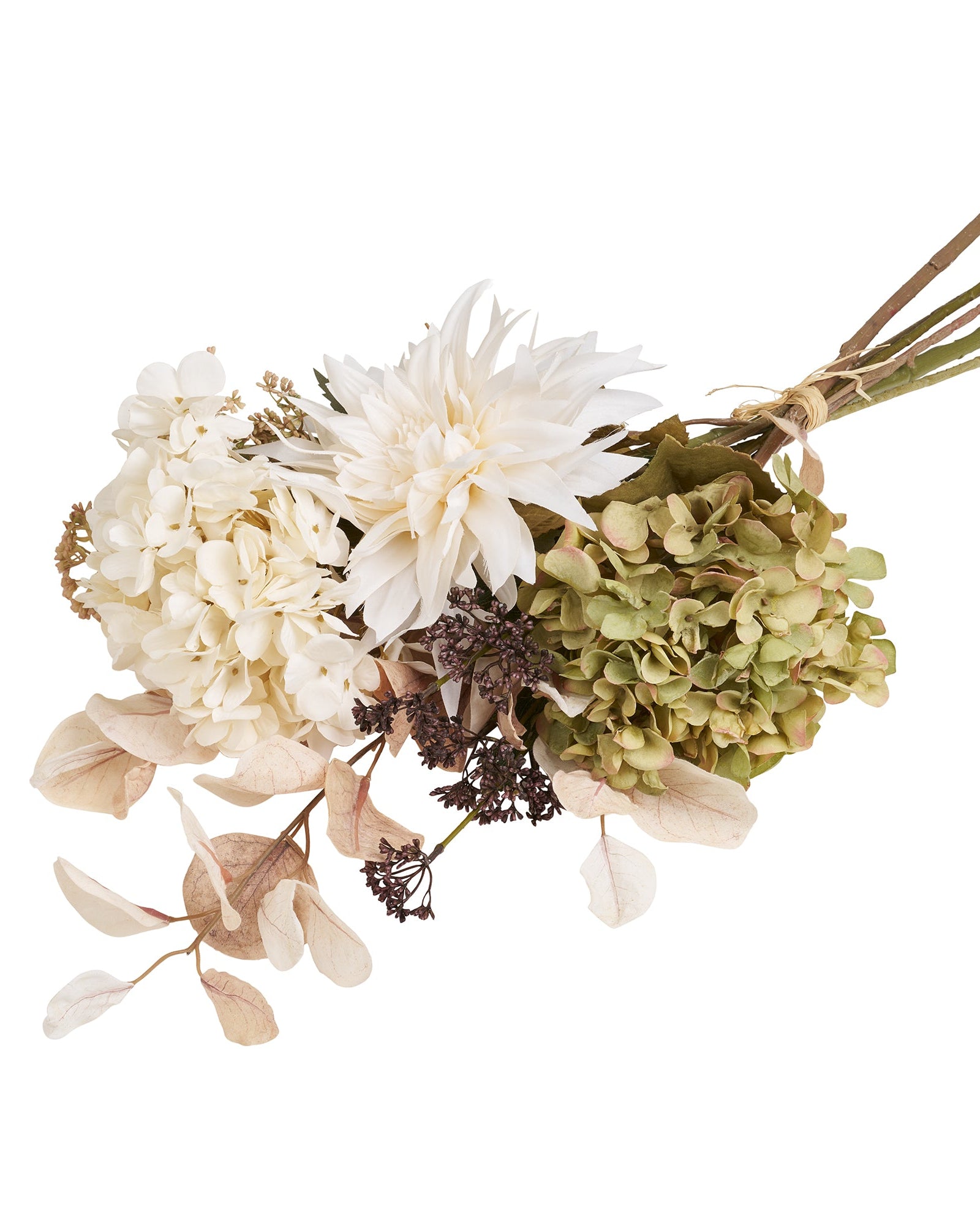Kunstig blomsterbuket med hvide og grønne blomster bundet med naturbånd
