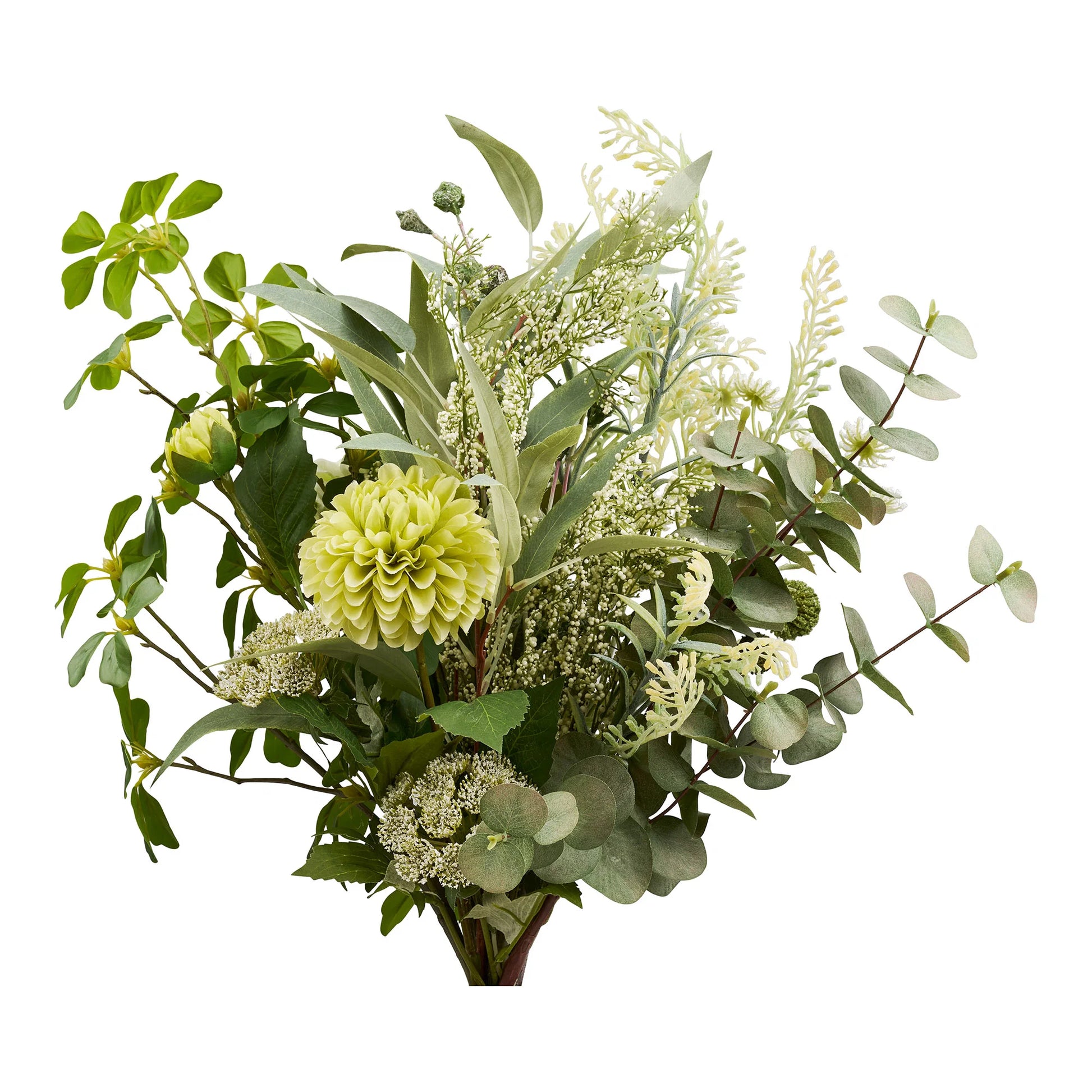 Kunstig grøn blomsterbuket med hortensia, eukalyptus og dekorativt grønt