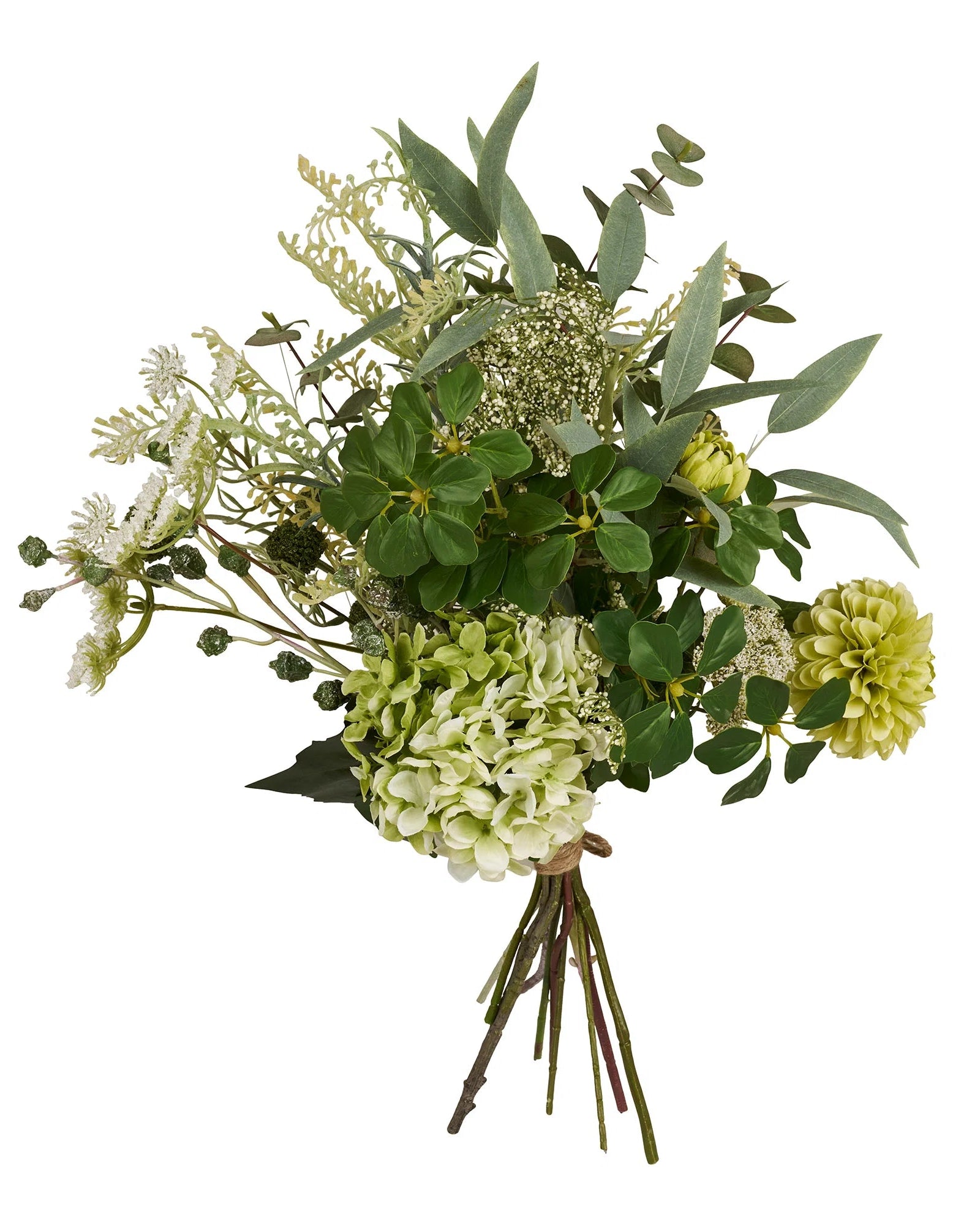 Kunstig grøn blomsterbuket med hortensia, eukalyptus og dekorativt grønt