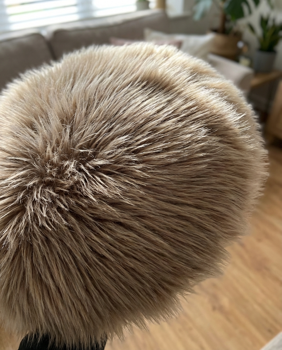 Detalje af mushroom Luna faux fur hynde der viser den silkebløde og vamsede tekstur