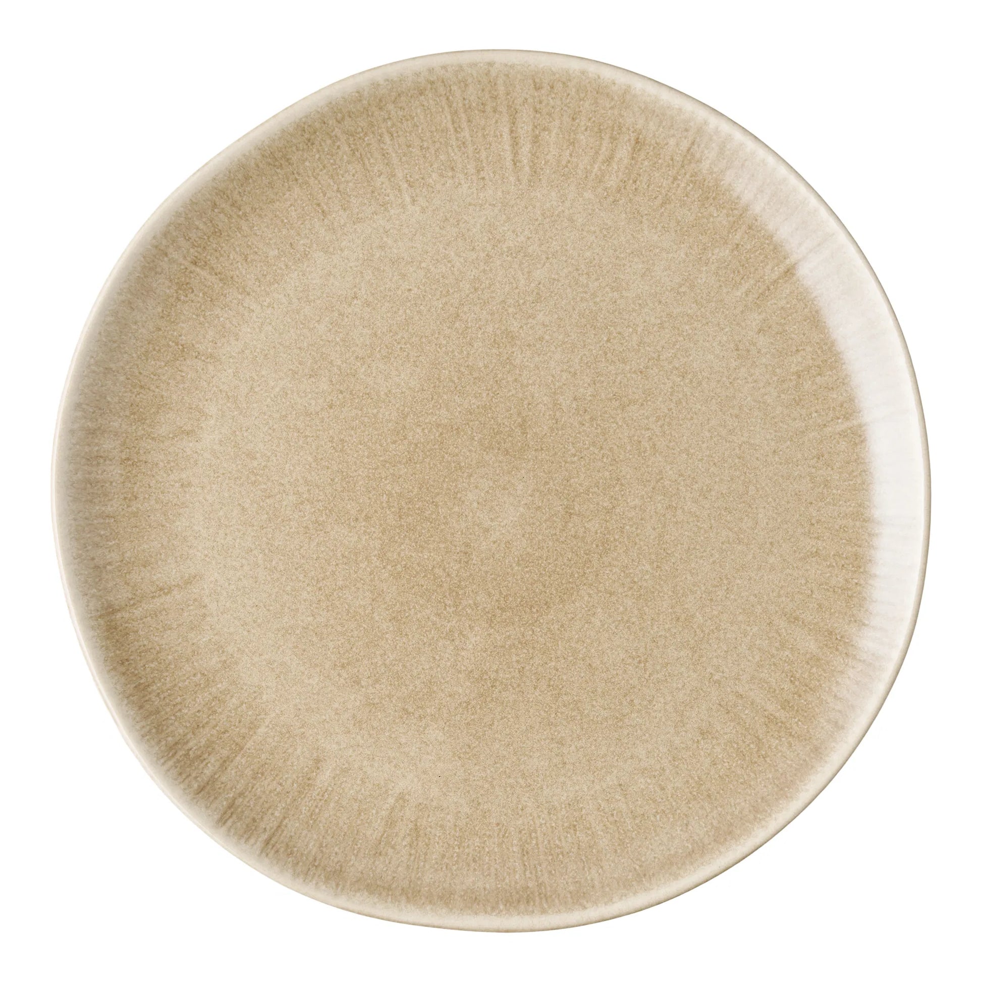 Kyst middagstallerken i beige stentøj med smuk reaktiv glasur, set oppefra.