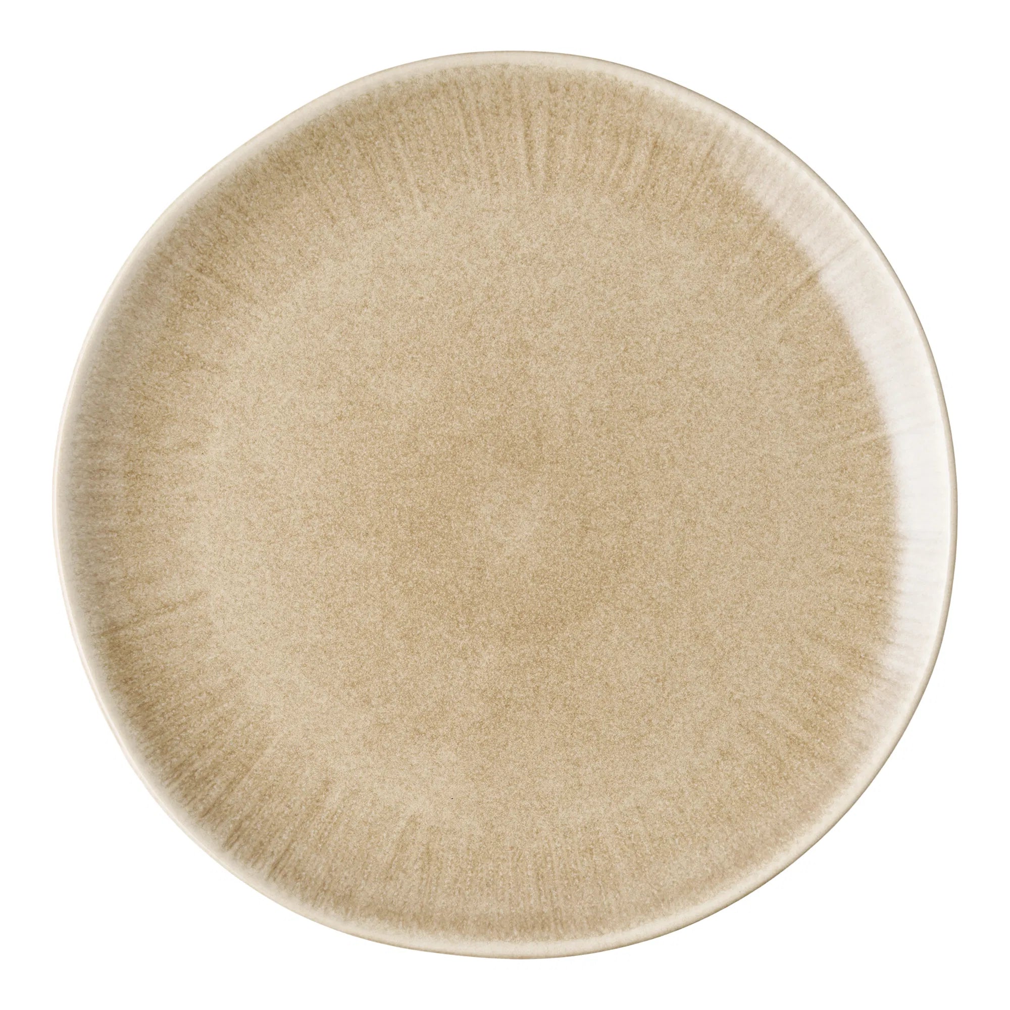 Kyst middagstallerken i beige stentøj med smuk reaktiv glasur, set oppefra.