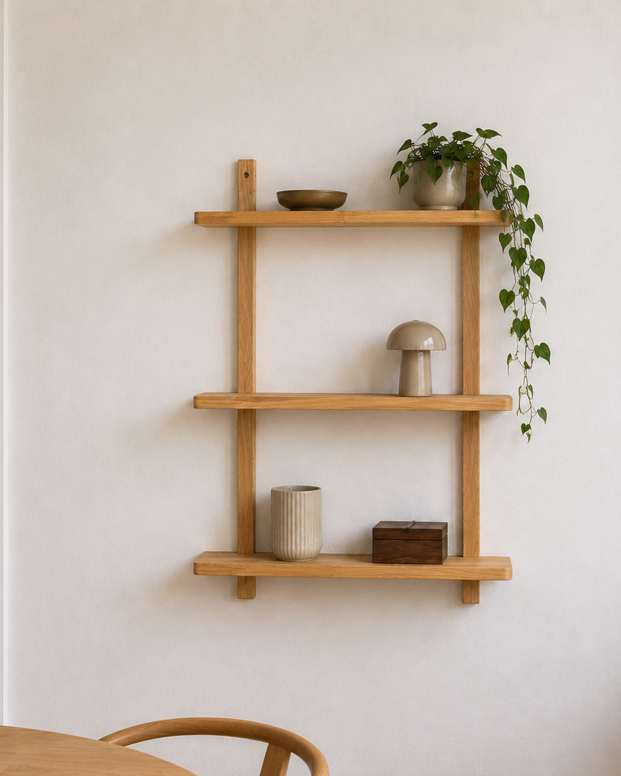 Eria væghylde på væg med dekorative elementer på som lampe, plante, en stol i forgrunden