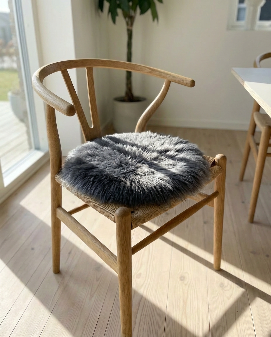 Grå Luna faux fur hynde placeret i en klassisk egetræs spisebordsstol for nordisk hygge