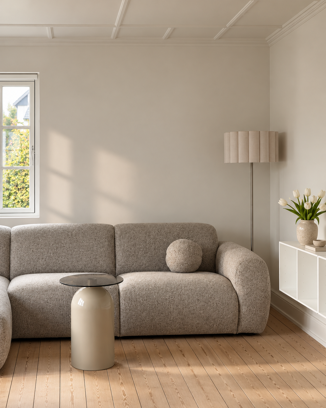 Gulvlampe med beige plisseret lampeskærm stylet ved lys sofa i hyggelig nordisk stue.