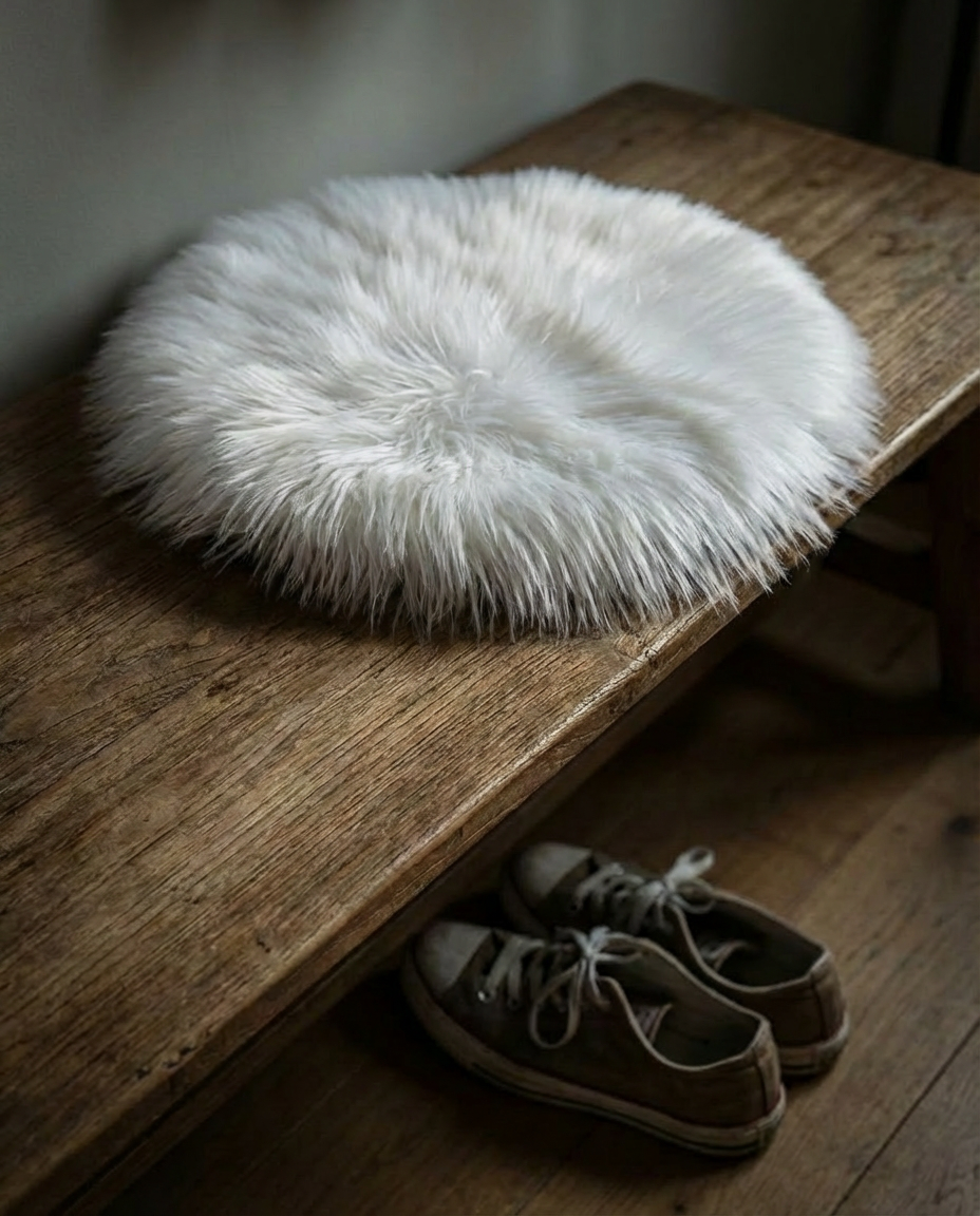 Luna faux fur hynde i hvid placeret på en rustik træbænk i en moderne entré