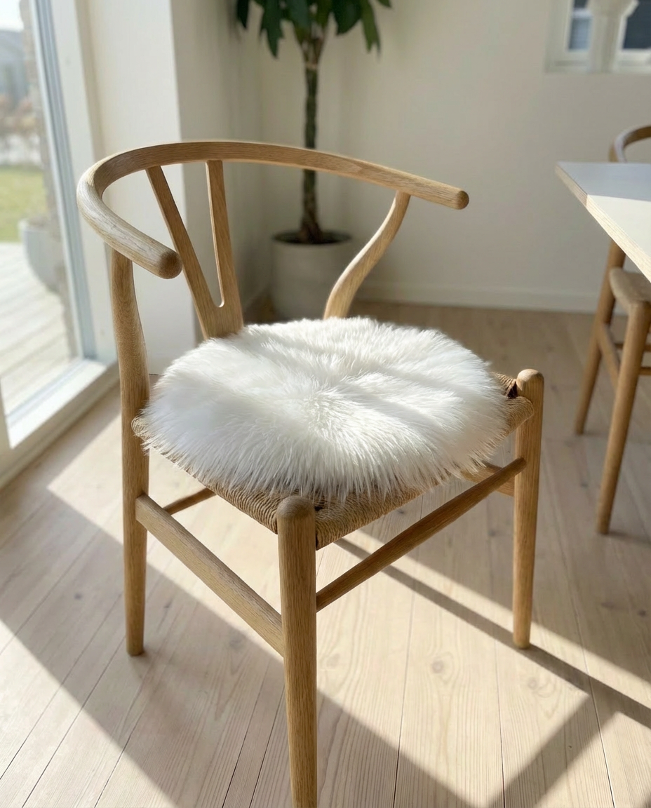 Hvid Luna faux fur hynde placeret i en klassisk egetræs spisebordsstol for nordisk hygge