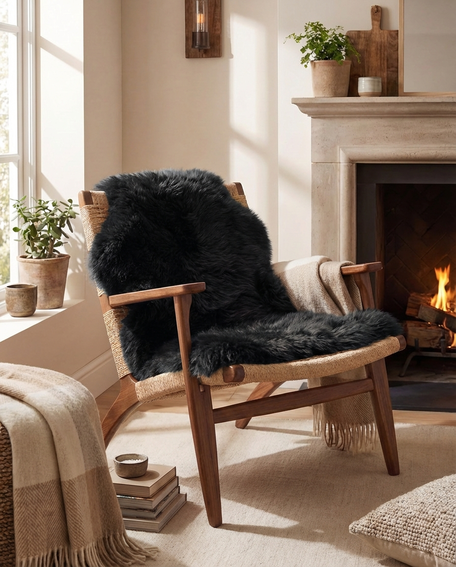 Sort lammeskind placeret i en moderne træstol for nordisk hygge og kontrast