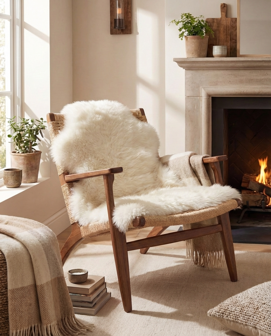 Råhvidt lammeskind placeret i en moderne træstol for klassisk nordisk hygge