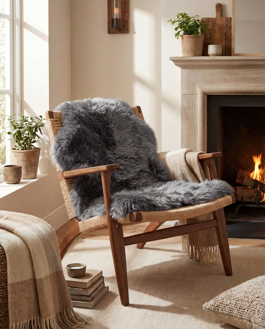 Gråt lammeskind placeret i en moderne træstol for en rolig og nordisk atmosfære