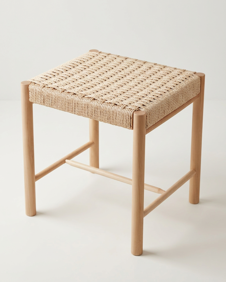 Skammel i lyst træ med flettet sæde i naturmateriale – enkelt og nordisk design