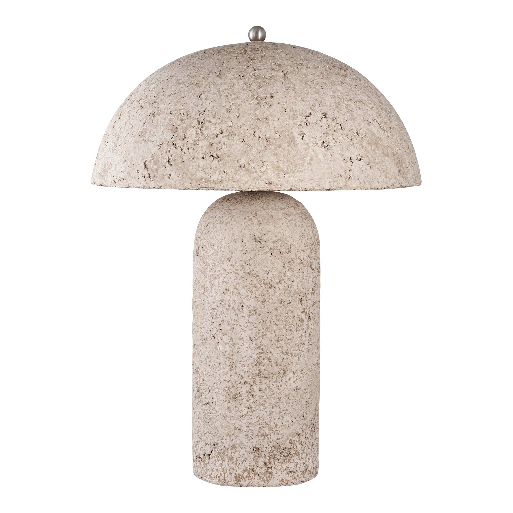 Molo bordlampe i stone grå papmaché med en rå, stenlignende overflade og kuppelformet skærm, set forfra.