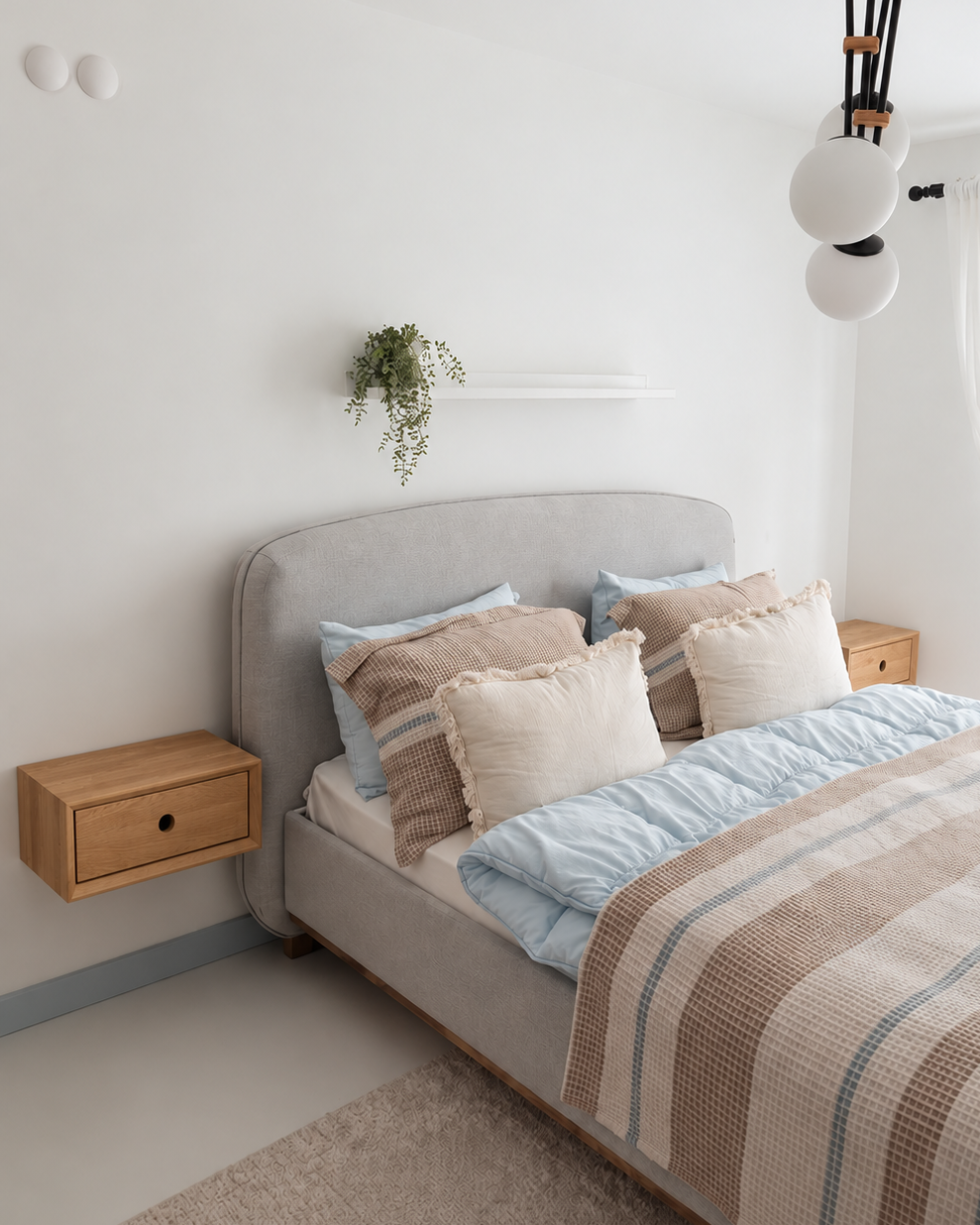 Væghængt skuffe i lyst egetræ med minimalistisk design, synlig træstruktur og rundt greb i nordisk soveværelse som sengeborde

