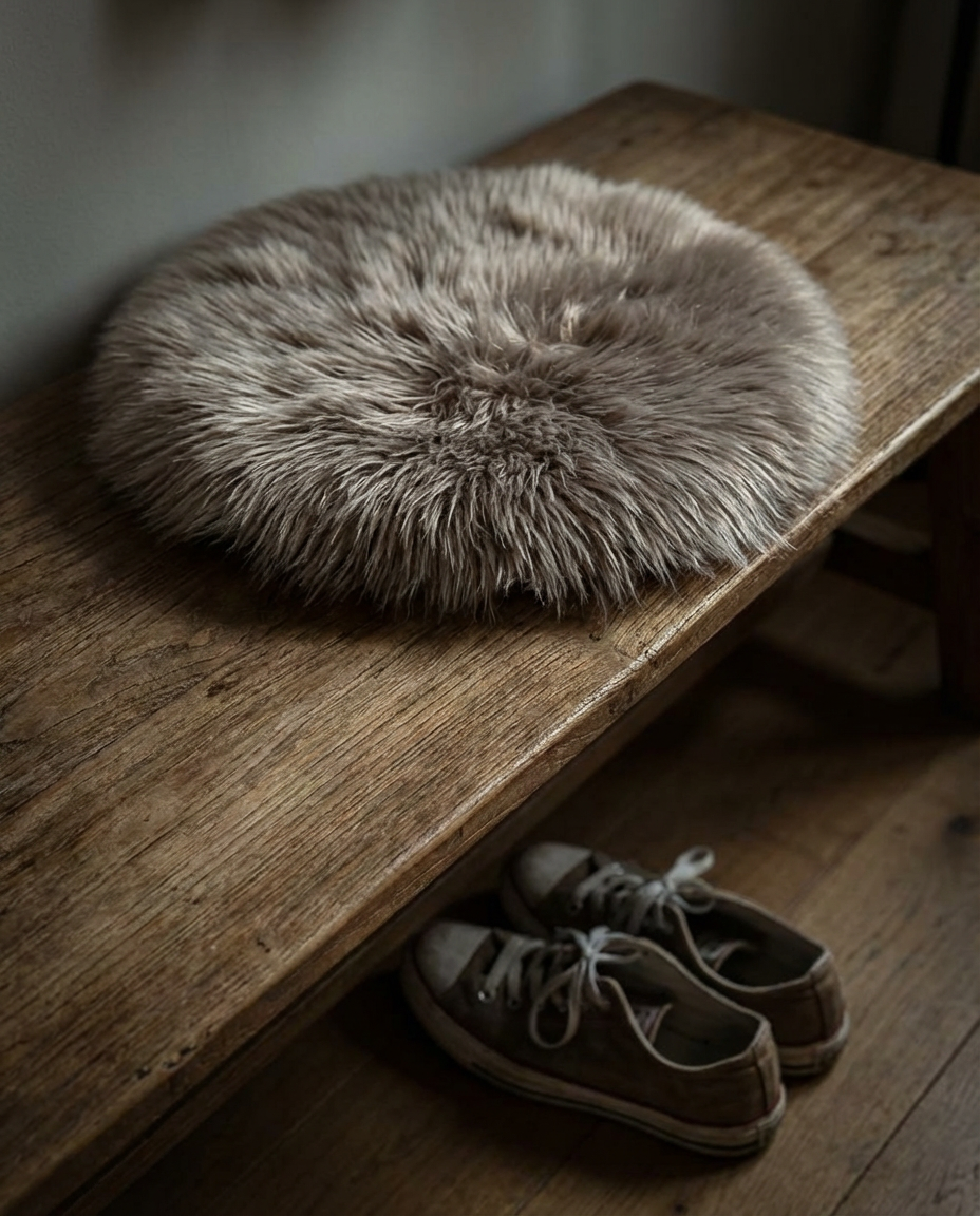 Luna faux fur hynde i mushroom placeret på en rustik træbænk i en moderne entré