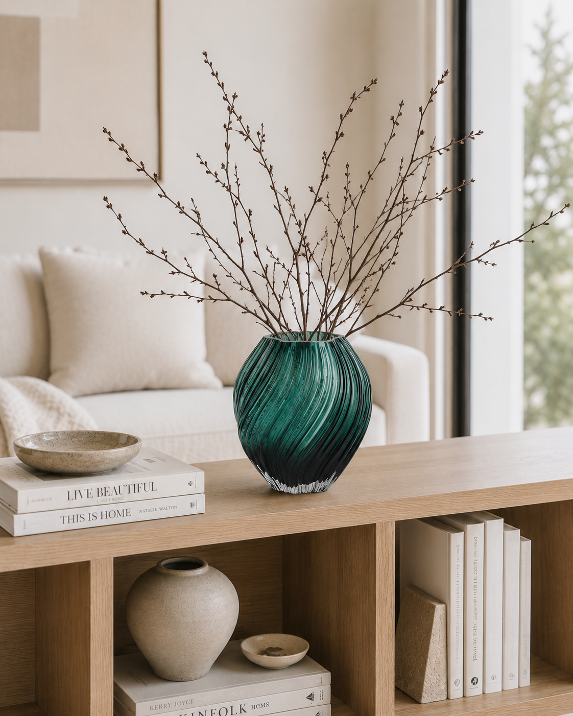 Mørkegrøn vase på reol med grene i, bøger i reolen og sofa i baggrunden