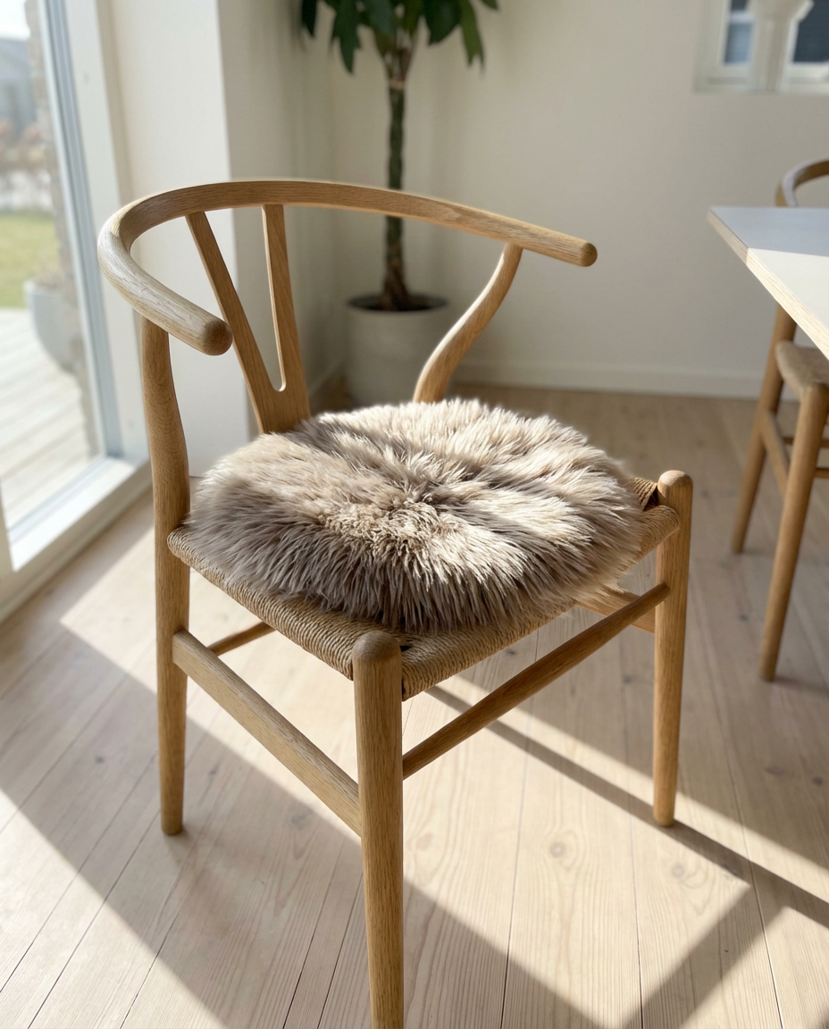 Mushroom Luna faux fur hynde placeret i en klassisk egetræs spisebordsstol for nordisk hygge