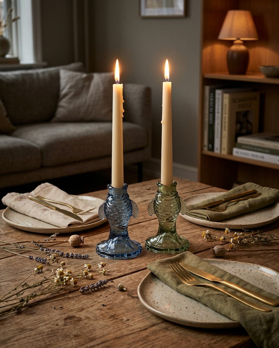 Pesce lysestagerne i blå og grøn på spisebord med blomster og bord dækket smukt op.
