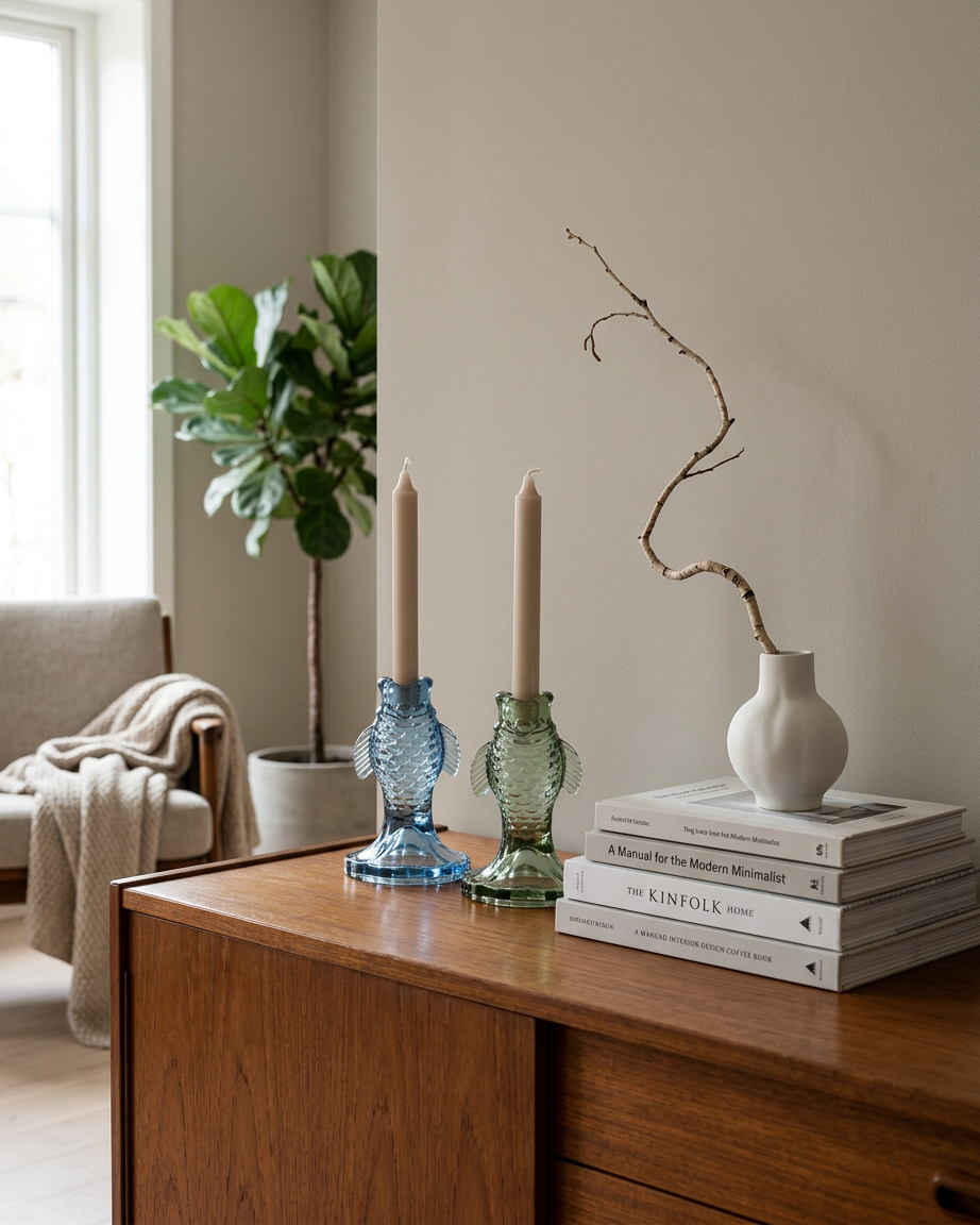 Pesce lysestagerne i blå og grøn på skænk med Kinfolk bøger