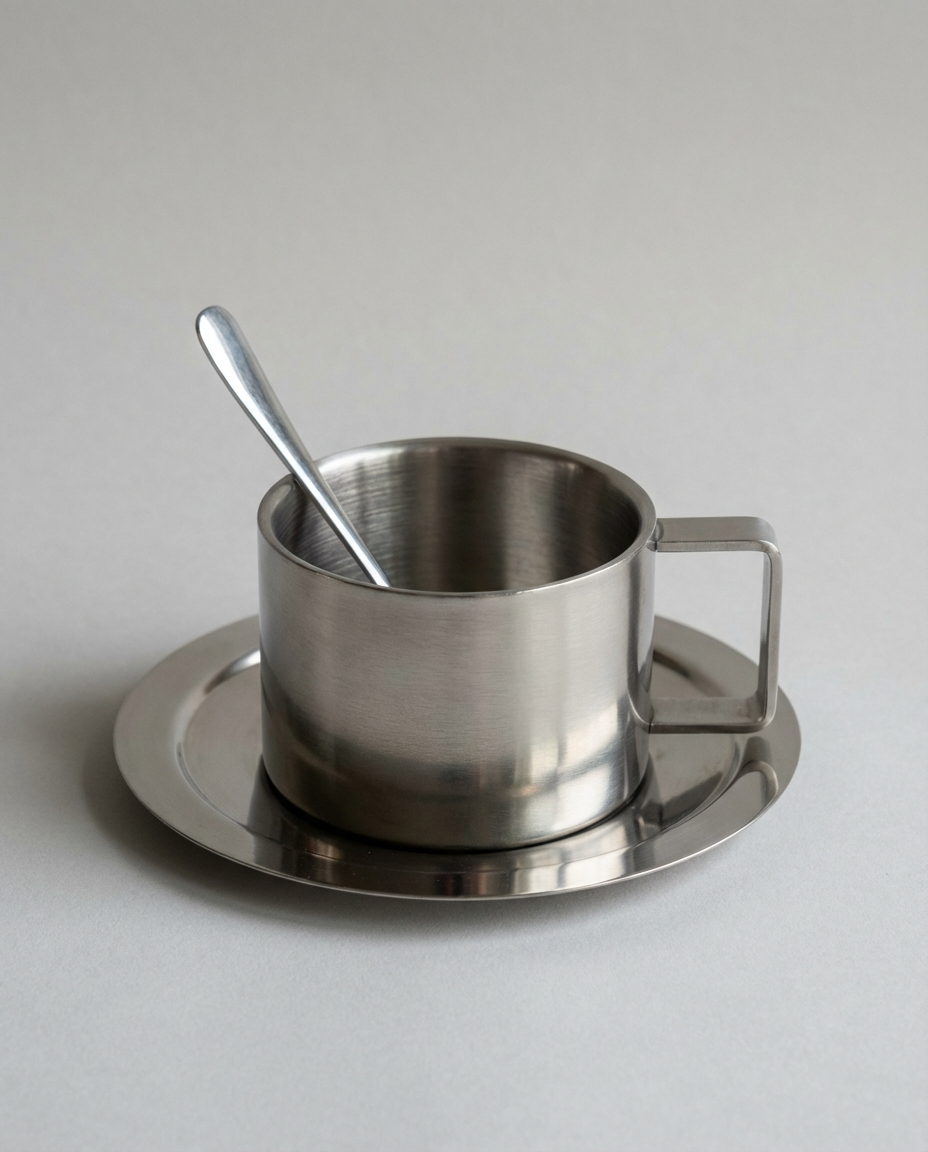 Kaffekop i rustfrit stål med underkop og ske – 200 ml, set forfra på hvid baggrund