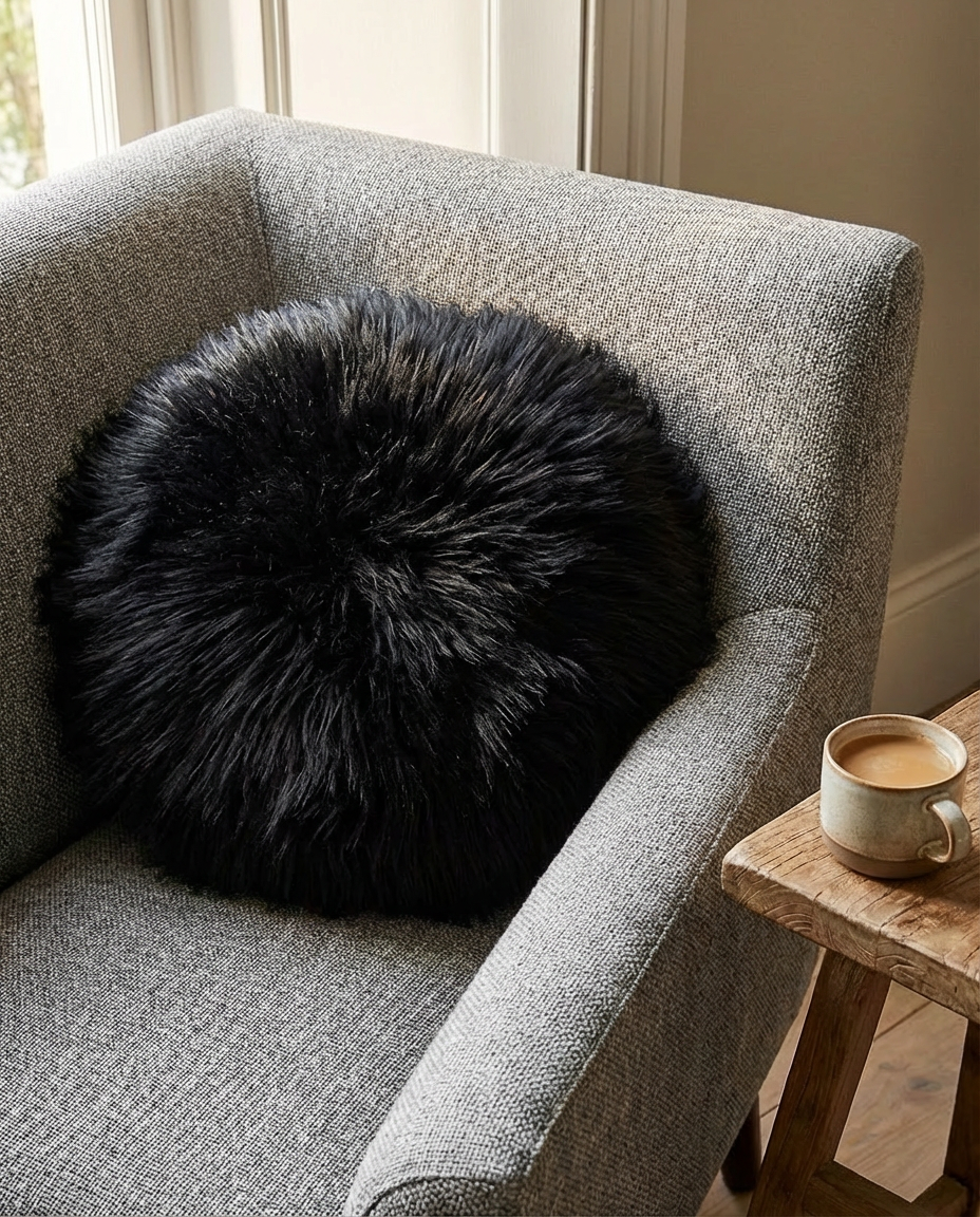 Detalje af sort Luna faux fur hynde der viser den silkebløde og vamsede tekstur
