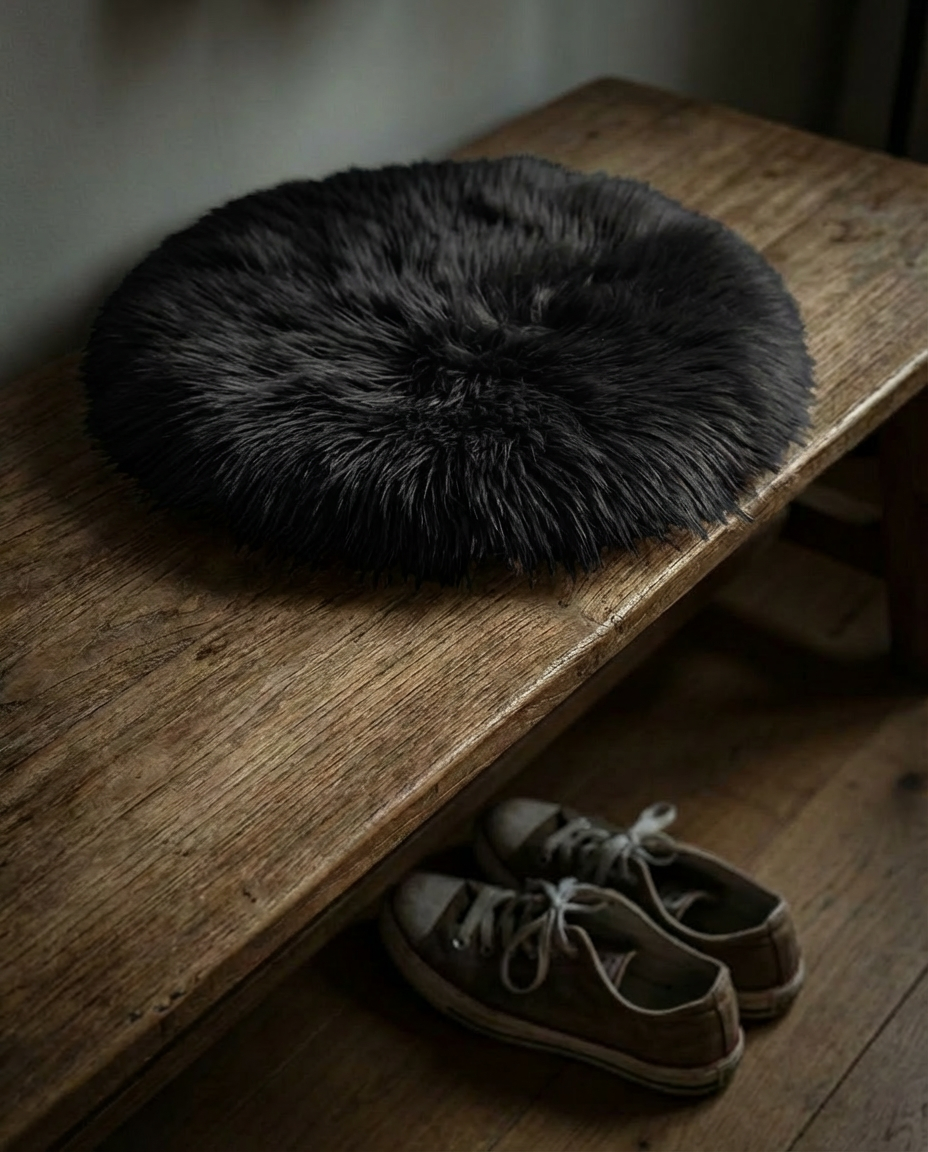 Luna faux fur hynde i sort placeret på en rustik træbænk i en moderne entré