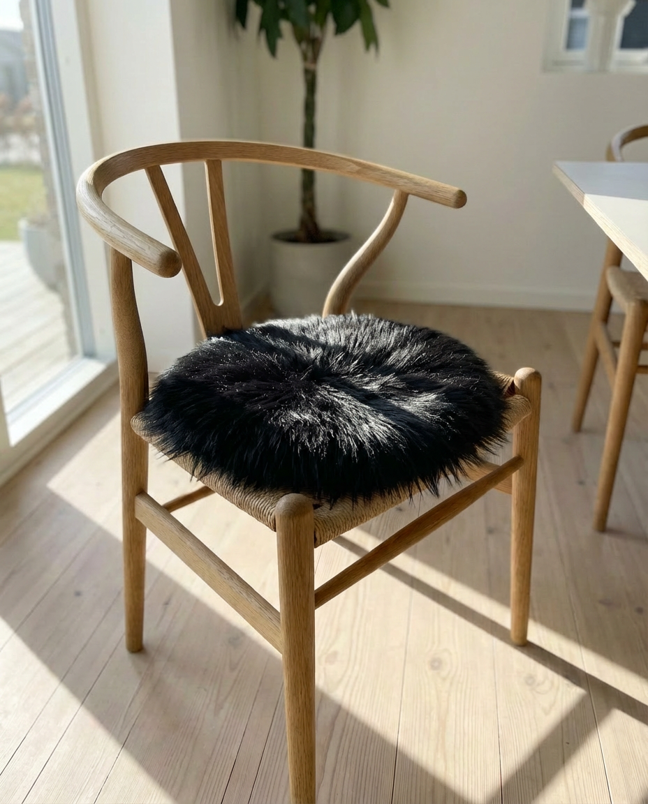 Sort Luna faux fur hynde placeret i en klassisk egetræs spisebordsstol for nordisk hygge