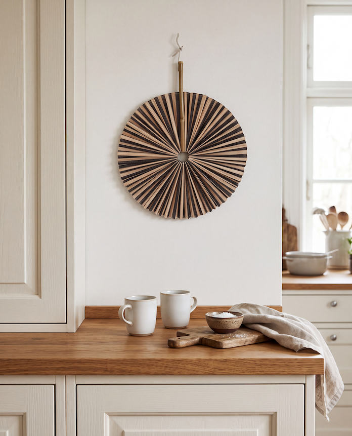 Sort/natur bambusvifte som vægdekoration i lyst køkken med træbordplade og nordisk indretning
