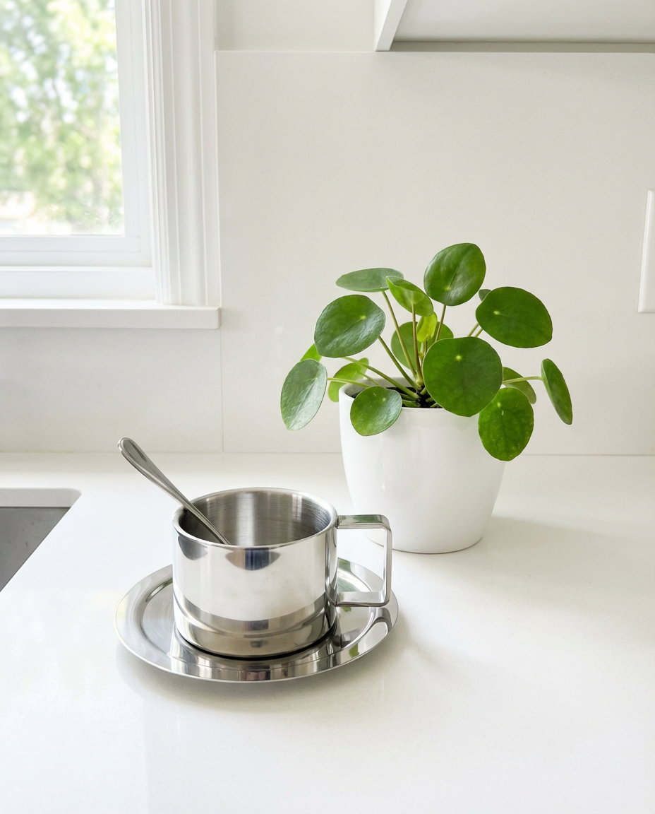 Kaffekop i rustfrit stål med underkop og ske på køkkenbord ved siden af grøn stueplante