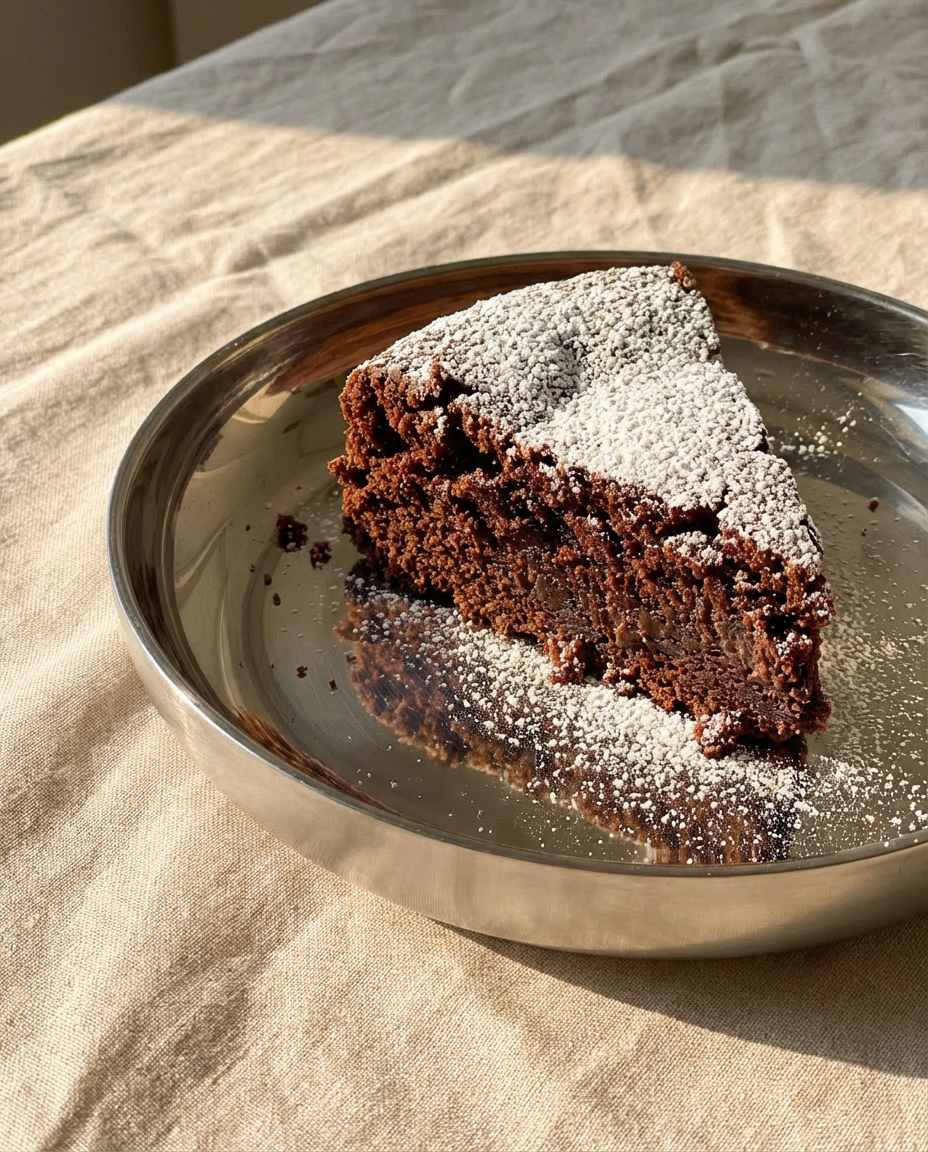 Et stykke chokoladekage med flormelis serveret på en ståltallerken, der står på en lys hørdug i sollys.